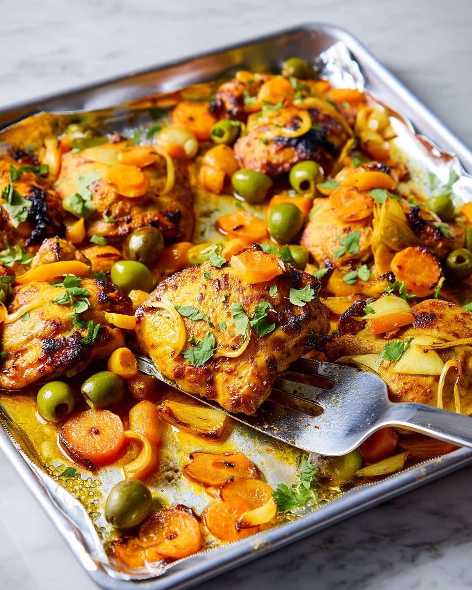 The image shows a roasted dish on a foil-lined tray with several browned pieces of cooked chicken, each with a golden yellow color and slight char marks. Scattered around and on top of the chicken are sliced orange carrots, whole green olives, and thin strips of yellow onion. Small green herb leaves, likely cilantro or parsley, are sprinkled over the entire dish. A metal spatula is lifting one piece of chicken from the tray, and the whole scene sits on a white marbled surface. photo taken with an iphone --ar 4:5 --v 7