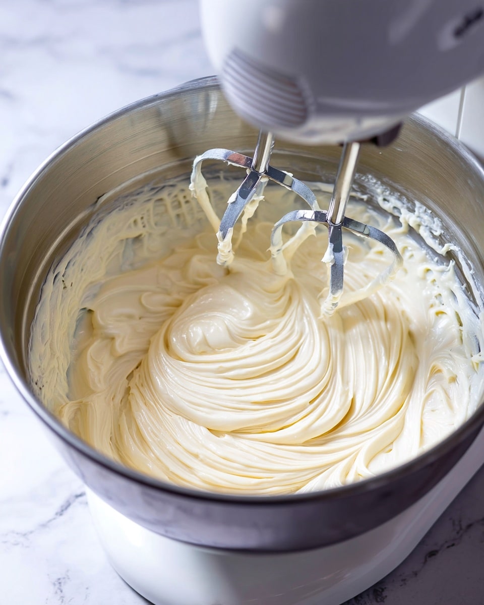 A close-up view of a large metal bowl filled with thick, creamy white batter or frosting being mixed by two shiny metal beaters attached to a white electric hand mixer. The creamy mixture has soft smooth swirls and ridges made by the beaters, showing a rich, glossy texture. The bowl's inside surface is partially covered with the creamy mixture, and the background is a white marbled texture. photo taken with an iphone --ar 4:5 --v 7