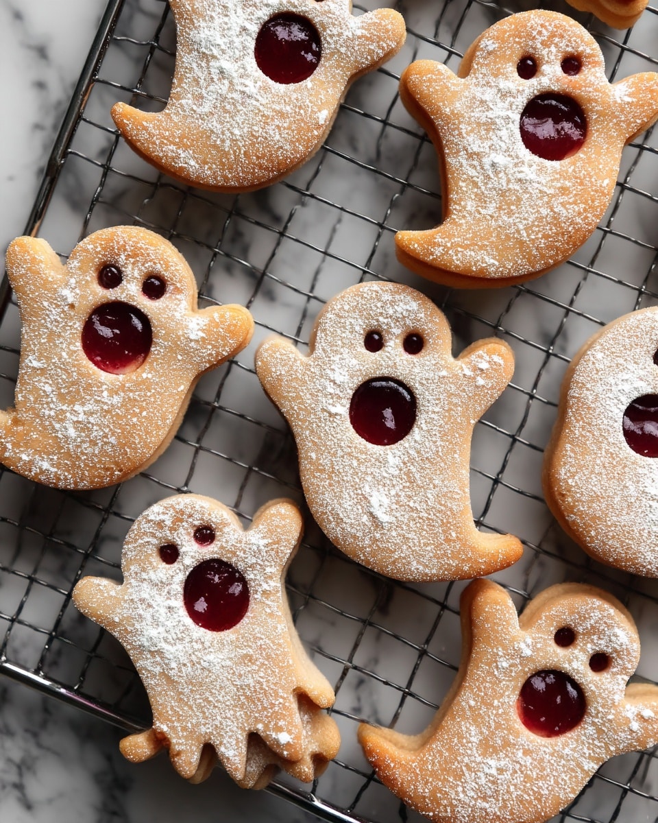 This image shows four layers of ghost-shaped cookies, each covered in a light dusting of white powdered sugar. The cookies have two small round holes for eyes and a bigger circular hole for the mouth filled with dark red jam. The ghost shape has small arms and a rounded top. The cookies are placed directly on crinkled brown parchment paper, which adds a rustic touch. The image focuses on the cookies closely, showing their soft texture and powdered sugar dust spread unevenly on a white marbled surface in the background. photo taken with an iphone --ar 4:5 --v 7