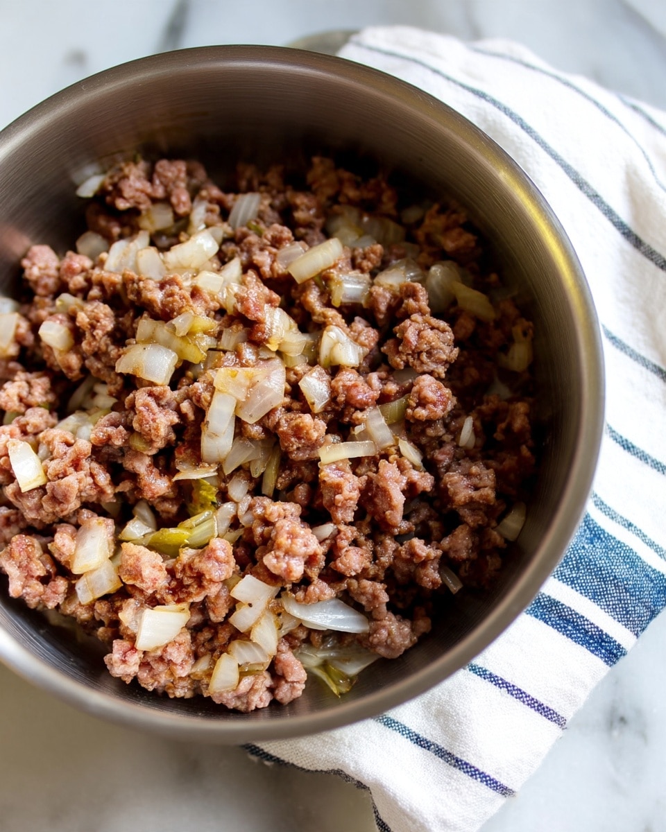A close-up view of cooked ground meat mixed with small pieces of translucent cooked onions inside a shiny metal pot. The meat is broken into uneven small chunks, showing a mix of brown and slightly greyish colors with a moist texture. The pot is placed on a white marbled surface with a white cloth featuring blue stripes partially visible underneath it. Photo taken with an iphone --ar 4:5 --v 7