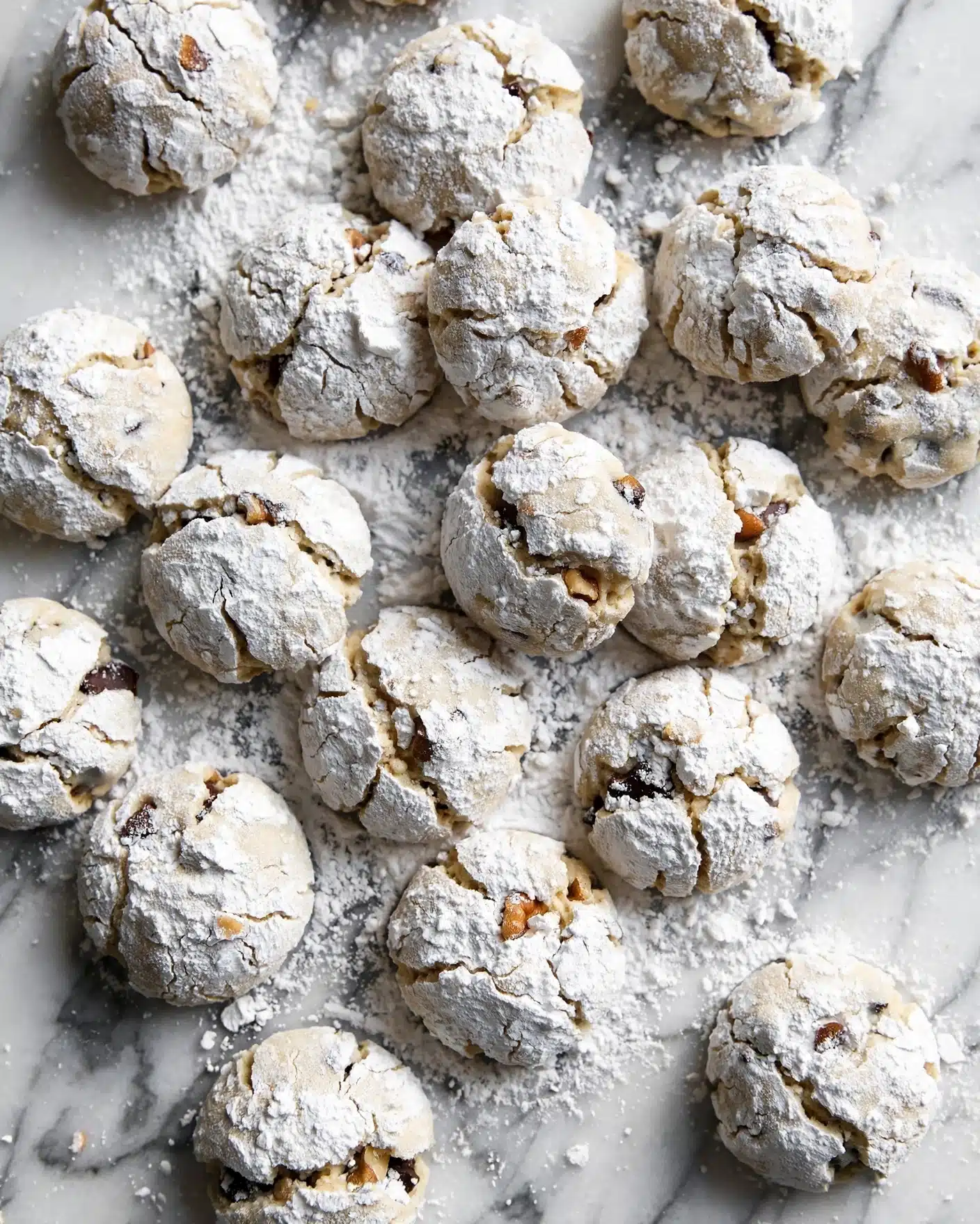 The image shows many small round cookies covered in white powdered sugar, placed on a white marbled surface. Each cookie has a rough texture with cracks and spots of nuts or chocolate visible through the sugar dust. The cookies are arranged loosely, filling the frame with some overlapping and others scattered randomly. The powdered sugar looks soft and powdery, giving the cookies a snowy look. photo taken with an iphone --ar 4:5 --v 7