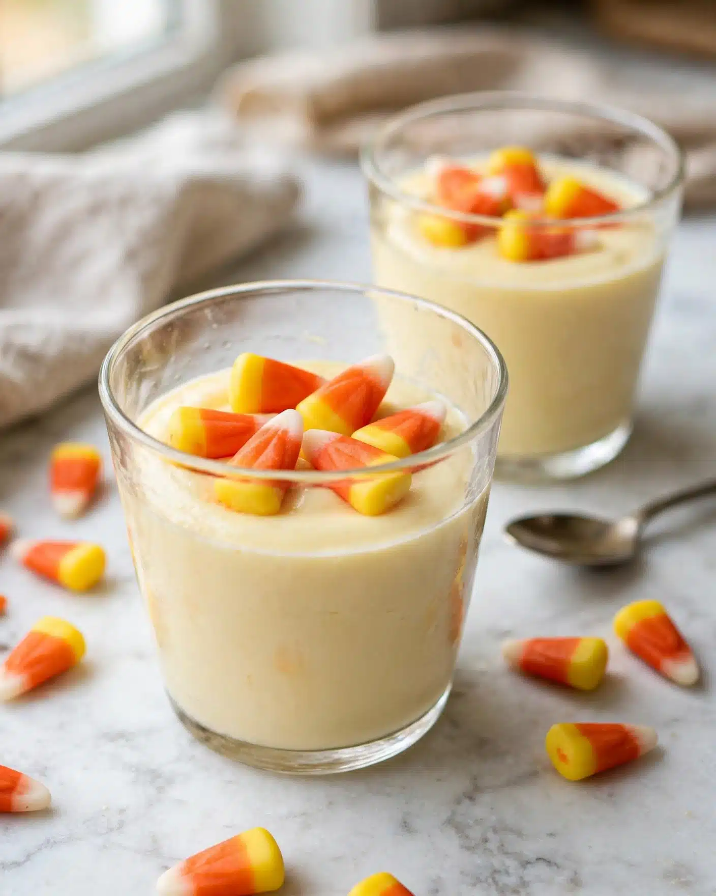 Vegan Candy Corn Overnight Oats Recipe 5 The image shows two clear glass cups filled with a creamy, light yellow pudding topped with candy corn pieces. Each cup has about one layer of smooth pudding with a soft texture beneath several brightly colored candy corns arranged on top, showing yellow, orange, and white sections. Scattered candy corns and a silver spoon are placed around the cups on a white marbled surface. The focus is on the cup in the foreground with a few candy corns inside the cup’s opening, giving a cozy and festive look. Photo taken with an iphone --ar 4:5 --v 7