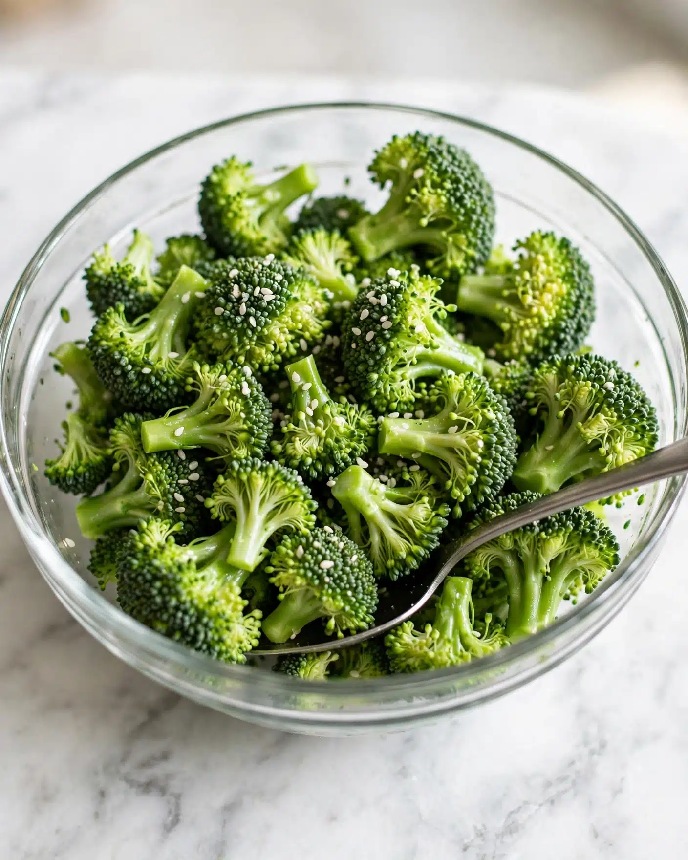 Roasted Maple Sesame Broccoli Recipe 4 A clear glass bowl filled with bright green broccoli florets, some sprinkled with small white sesame seeds, sits on a white marbled surface. The broccoli pieces vary in size and show detailed textures with tiny buds and stems visible. A metal spoon is resting inside the bowl, partially immersed in the broccoli, angled to the right. The lighting highlights the fresh and crisp look of the broccoli with a slight shine on some parts. photo taken with an iphone --ar 4:5 --v 7
