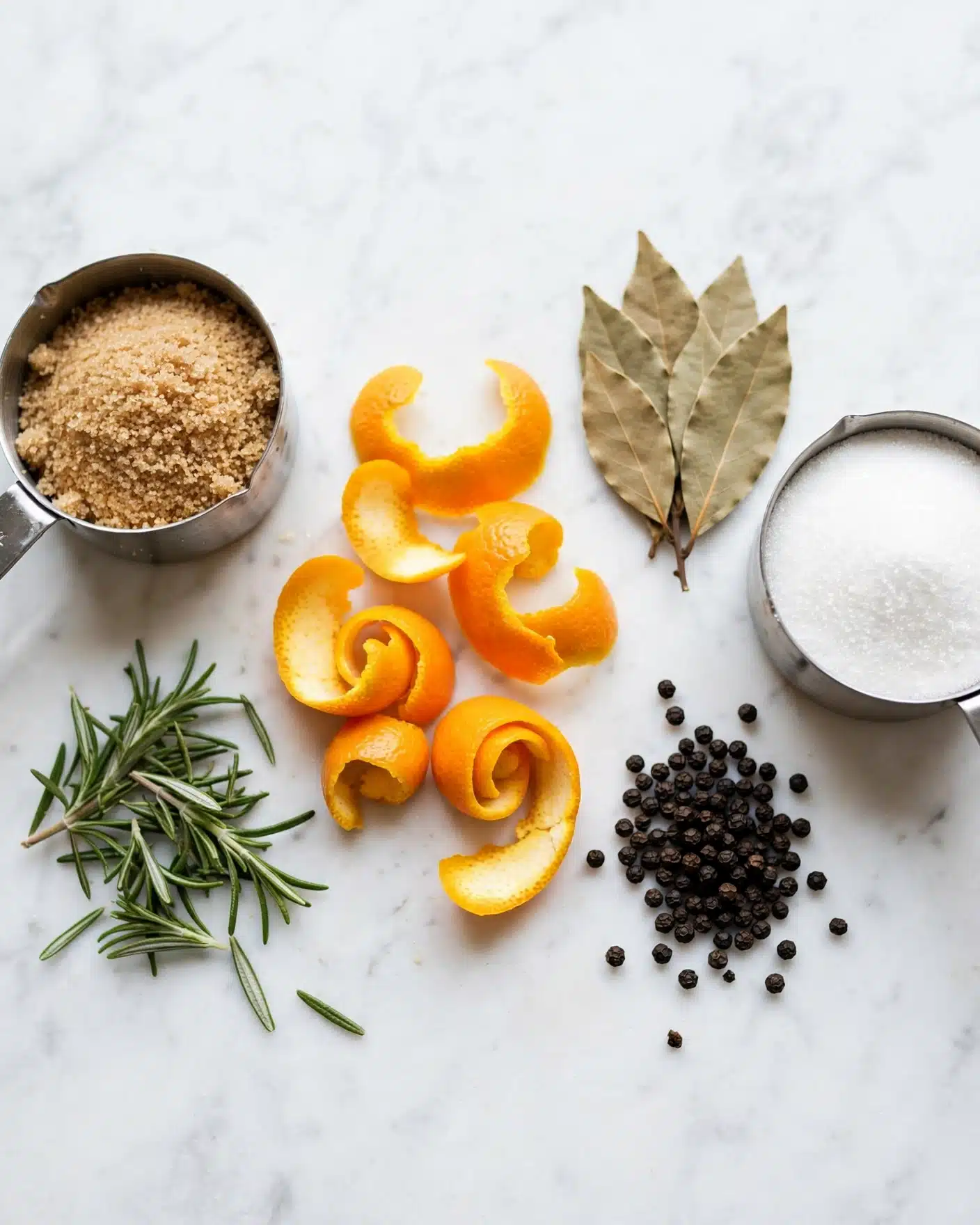 The image shows six different ingredients placed on a white marbled surface. On the left is a silver measuring cup filled with light brown sugar, next to a small pile of fresh green rosemary sprigs below it. In the middle is a cluster of bright orange and yellow orange peels. To the right is a small bunch of light brown bay leaves, with a pile of black peppercorns below them. On the far right is another silver measuring cup filled with white granulated sugar. All items are neatly arranged with clear space around each. photo taken with an iphone --ar 4:5 --v 7