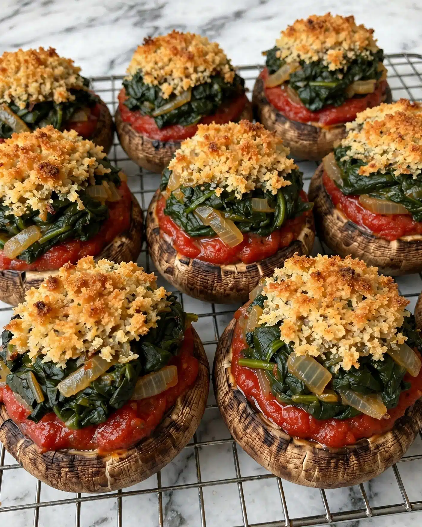 Stuffed Portobello Mushrooms with Crispy Goat Cheese Recipe 4 The image shows several baked mushroom caps as the base layer, dark brown and textured, filled with a thick red tomato sauce layer inside each cap. On top of the sauce, there is a thick layer of cooked dark green spinach with some soft, translucent cooked onions mixed in. The final top layer is a round, golden-brown crispy breadcrumb crust with a slightly rough texture, looking crunchy. The mushrooms are arranged closely beside each other on a wire rack over a white marbled surface. photo taken with an iphone --ar 4:5 --v 7