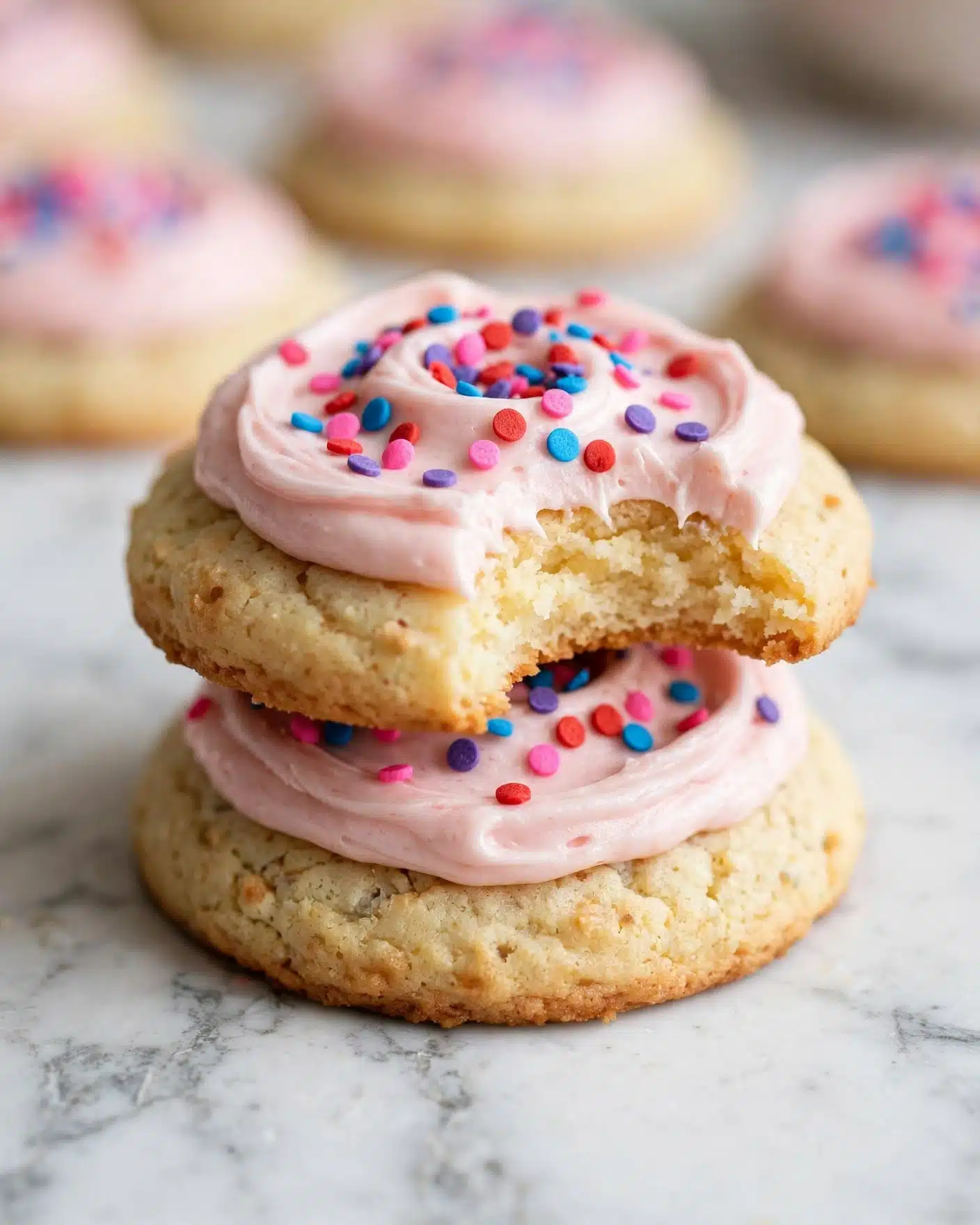 Two soft round cookies stacked on a white marbled surface. Each cookie has a thick layer of light pink frosting swirled on top, with colorful round sprinkles in pink, red, blue, and purple scattered across the frosting. The top cookie has a bite taken out of it, showing a soft, pale yellow inside. The cookies are slightly textured and light golden brown at the edges. In the blurry background, more pink frosted cookies are visible. Photo taken with an iphone --ar 4:5 --v 7