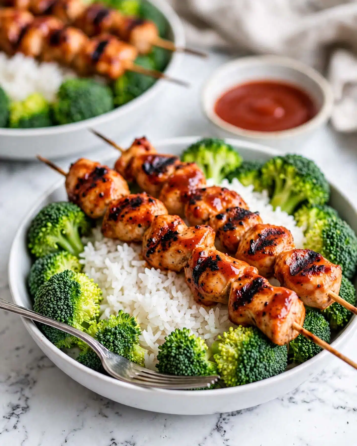 A white bowl sits on a white marbled surface, filled with a base layer of fluffy white rice, topped with bright green broccoli florets arranged mainly around the edges, and two wooden skewers of glazed grilled chicken with a shiny, reddish-brown color and some charred spots, placed on top of the broccoli and rice. A silver fork rests along the edge of the bowl. In the background, there is a small white bowl of reddish dipping sauce and another similar bowl meal that is out of focus. photo taken with an iphone --ar 4:5 --v 7