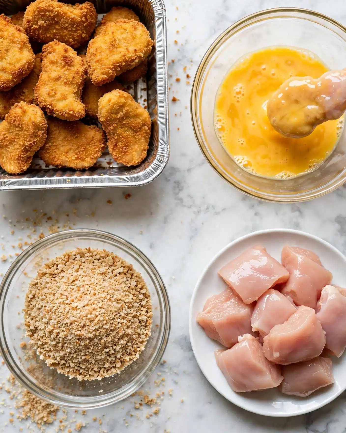 The image shows four distinct layers of chicken nuggets in the making, all arranged neatly on a white marbled surface from top left moving clockwise: first, an aluminum baking tray filled with breaded nuggets, showing a rough, golden-brown crumb texture; next, a clear glass container holding a yellow egg wash with a nugget being dipped, smooth and wet-looking; below to the right, a white round plate with several raw, pale pink chicken pieces that appear soft and slightly moist; and lastly, another clear glass container filled with light brown breadcrumbs, dry and grainy with a few pieces resting on top. The colors range from pale pink raw chicken to golden bread crumbs, and the visual progression shows each step of breading. photo taken with an iphone --ar 4:5 --v 7