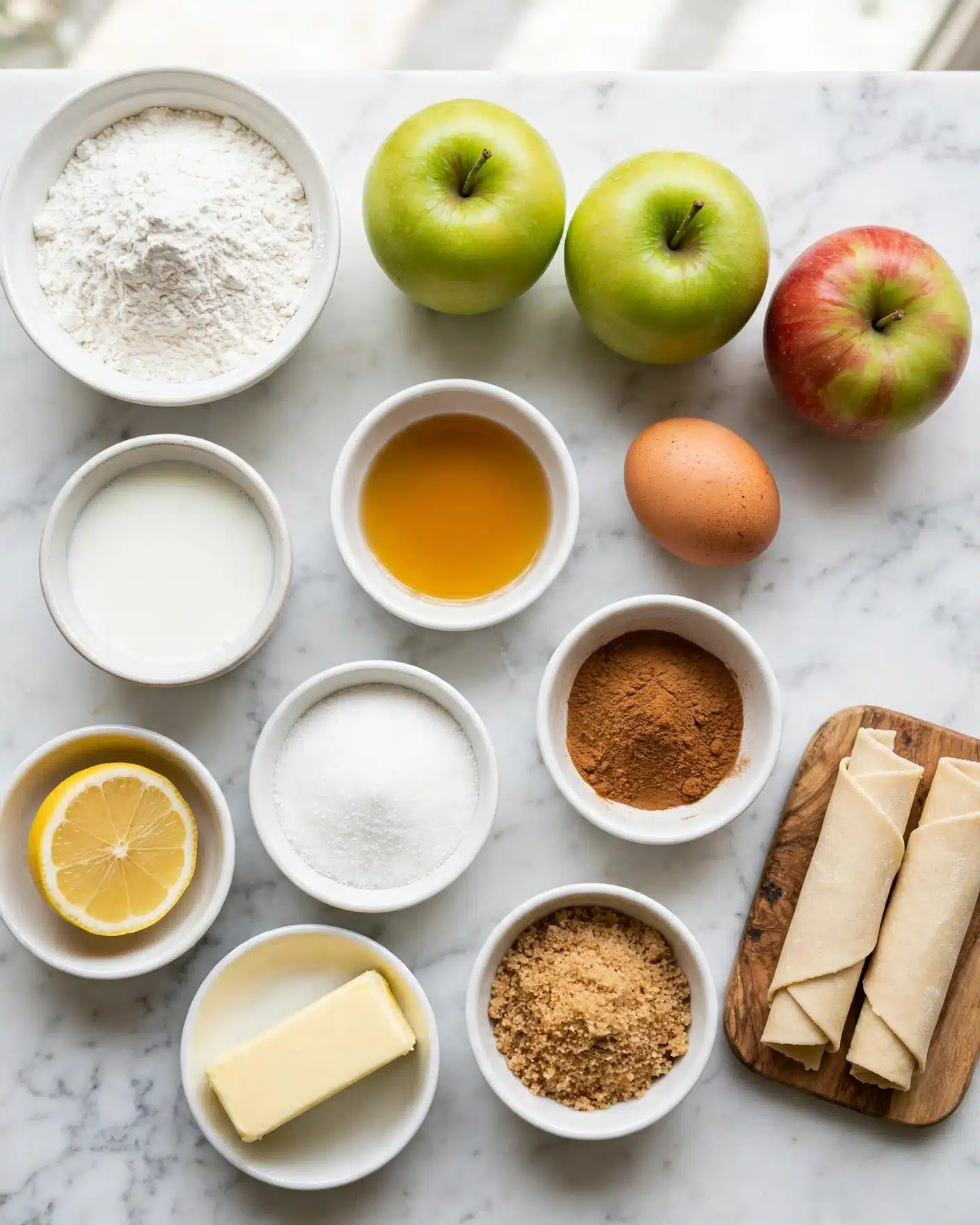 The image shows ingredients for baking laid out on a white marbled surface. On the top left is a white bowl filled with white powder, likely flour or powdered sugar. To its right are three whole apples, two green and one red and green mix. Below the white bowl is a small white dish of milk, next to it in the center is a white bowl with golden liquid, probably vanilla. Beside it is a brown egg and below that, a small white bowl with brown powder, likely cinnamon. On the bottom left is a white bowl with half a lemon, next to it a white bowl of sugar and just below another white bowl with a stick of butter. The bottom right corner has a small white bowl of brown sugar and a wooden board holding two rolled pastry sheets. The setup has a simple, clean look. photo taken with an iphone --ar 4:5 --v 7