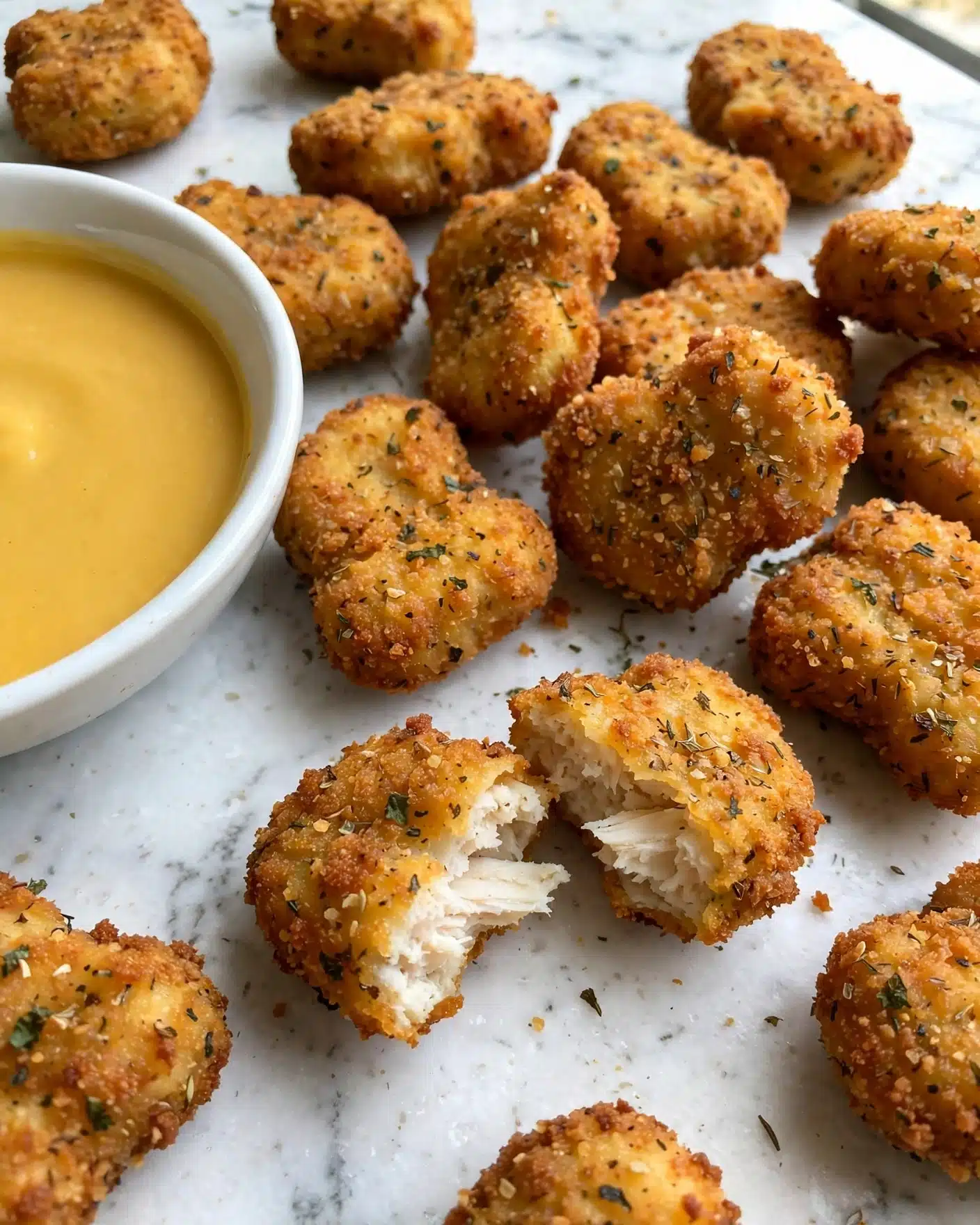 The image shows a close-up of many golden brown crispy nuggets, each covered in a crunchy, textured coating with visible herbs and spices. One nugget is broken in half, revealing a light, white, and flaky inside. To the left, there is a white bowl filled with smooth, golden yellow dipping sauce. All the food items rest on a white marbled surface. photo taken with an iphone --ar 4:5 --v 7