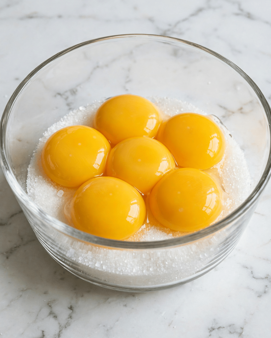A clear glass bowl sits on a white marbled surface, filled with a layer of white granulated sugar at the bottom. On top, six bright yellow egg yolks are arranged close together, covering about one-third of the sugar’s surface. The bowl's clear glass shows the smooth texture of the sugar and the shiny, smooth egg yolks with a slight gloss. photo taken with an iphone --ar 4:5 --v 7