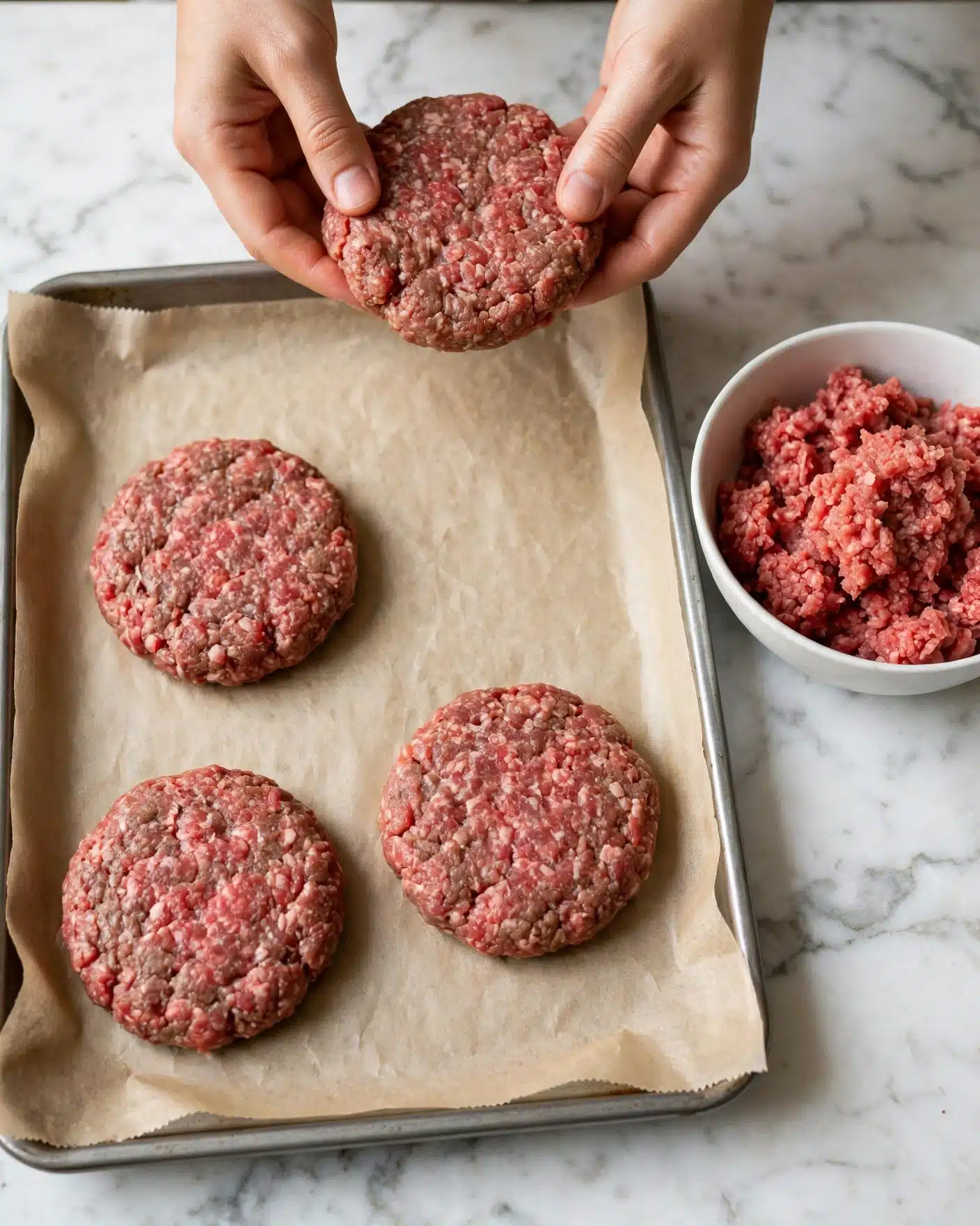 The image shows three raw burger patties placed on a beige parchment paper covering a baking tray. The patties are round and have a mixed red and pink color with a slightly uneven texture typical of ground meat. A pair of hands are seen shaping one patty above the tray, holding it gently from both sides. To the right side of the tray, there is a white bowl with some loose raw ground meat inside, showing a coarse and moist texture. The background surface is white with a marbled texture, visible around the tray and bowl. Photo taken with an iphone --ar 4:5 --v 7