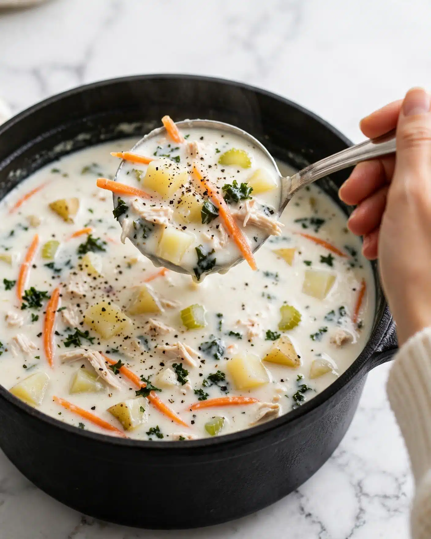A close-up of a black pot filled with creamy white soup that has visible layers of ingredients including small potato pieces in light yellow, thin orange carrot strips, green celery chunks, dark green leafy bits, and small white pieces of chicken. The soup looks thick and smooth with black pepper sprinkled on top. A silver ladle is held by a woman's hand, lifting a spoonful of the soup showing its mix of colors and textures clearly against a white marbled background. Photo taken with an iphone --ar 4:5 --v 7