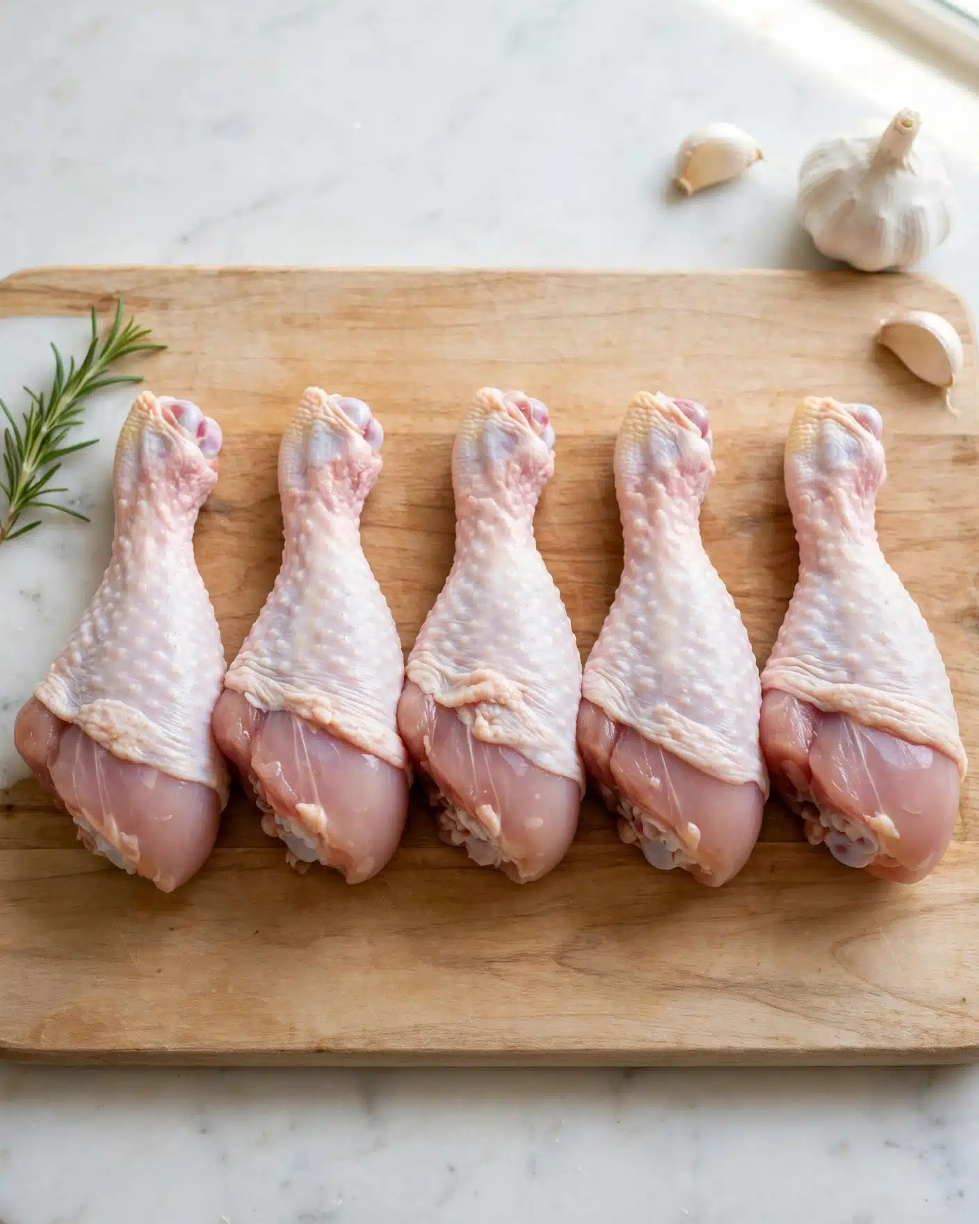 The image shows five raw chicken drumsticks placed in a line on a light wooden board. The drumsticks have a pale pink color with some white skin showing. To the left side of the board, a small green sprig of rosemary lies on the white marbled surface. There is one full garlic bulb and two peeled garlic cloves near the top right corner of the board. The scene is well-lit with natural light, making the textures of the chicken skin and wood grain clear. photo taken with an iphone --ar 4:5 --v 7