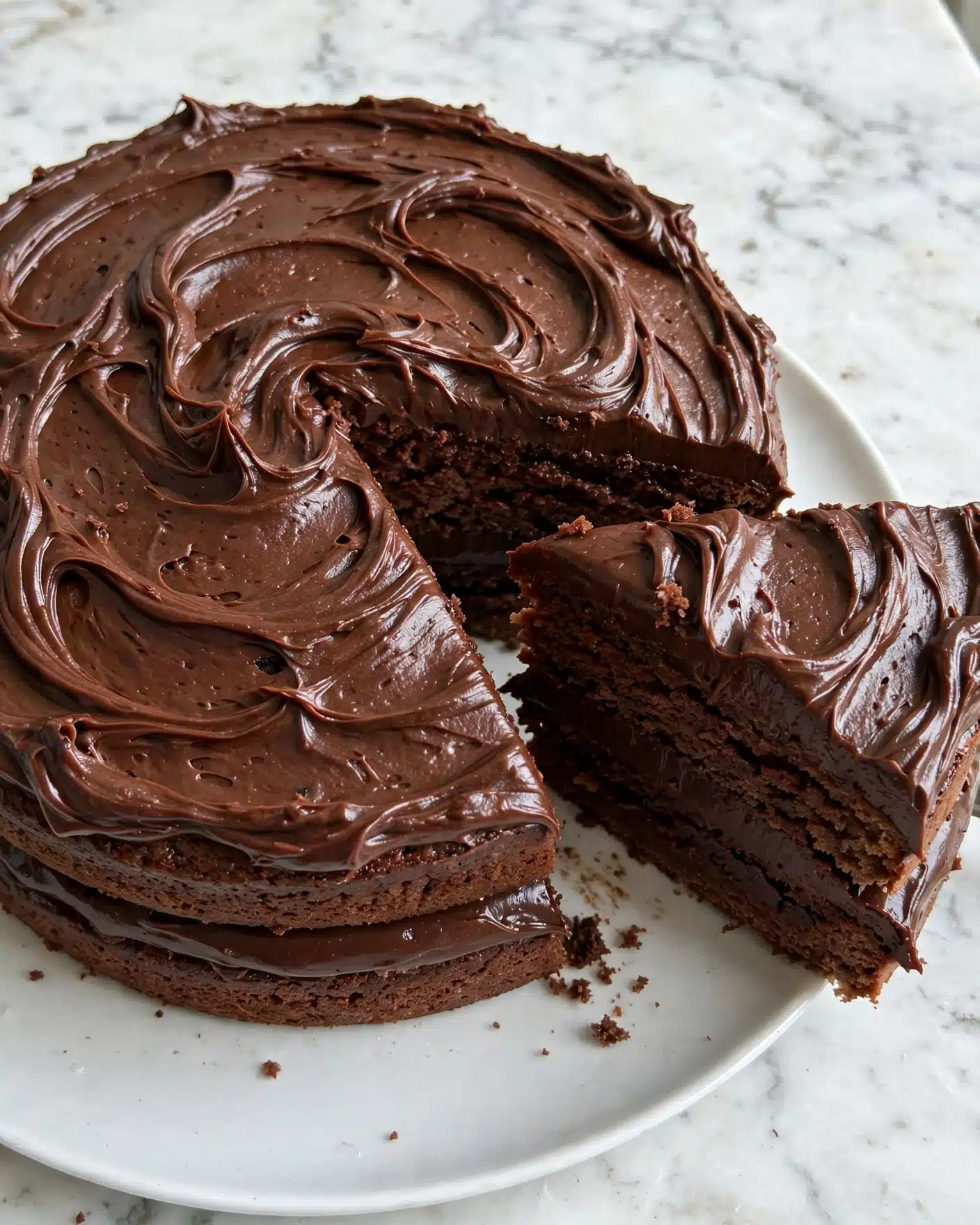 Easy Chocolate Fudge Cake Recipe 4 This image shows a round chocolate cake with one slice slightly pulled out. The cake has two layers of dark brown chocolate sponge separated by a smooth, thick layer of shiny dark chocolate frosting. The top is fully covered in rich, swirled chocolate frosting with visible texture and waves. The cake sits on a white plate placed on a white marbled surface. Photo taken with an iphone --ar 4:5 --v 7