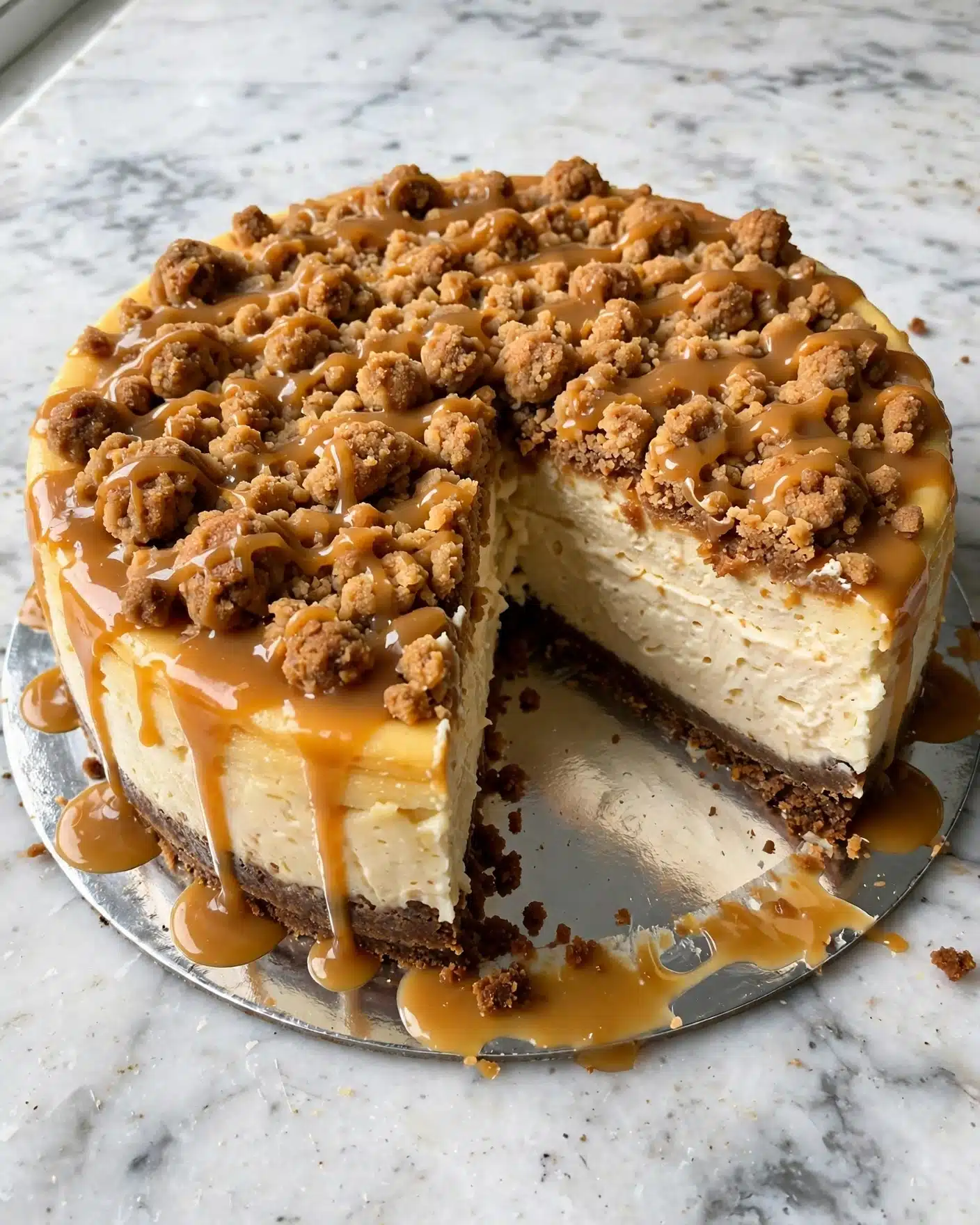 Apple Crisp Cheesecake Recipe 4 A three-layer cheesecake sits on a white plate against a white marbled surface. The bottom layer is a thick, crumbly brown crust. Above it is a smooth, creamy, off-white cheesecake layer with caramel slowly dripping down the sides. The top layer is a chunky, golden-brown crumble with oats and nuts, covered lightly in caramel sauce that pools slightly around the base. Photo taken with an iphone --ar 4:5 --v 7