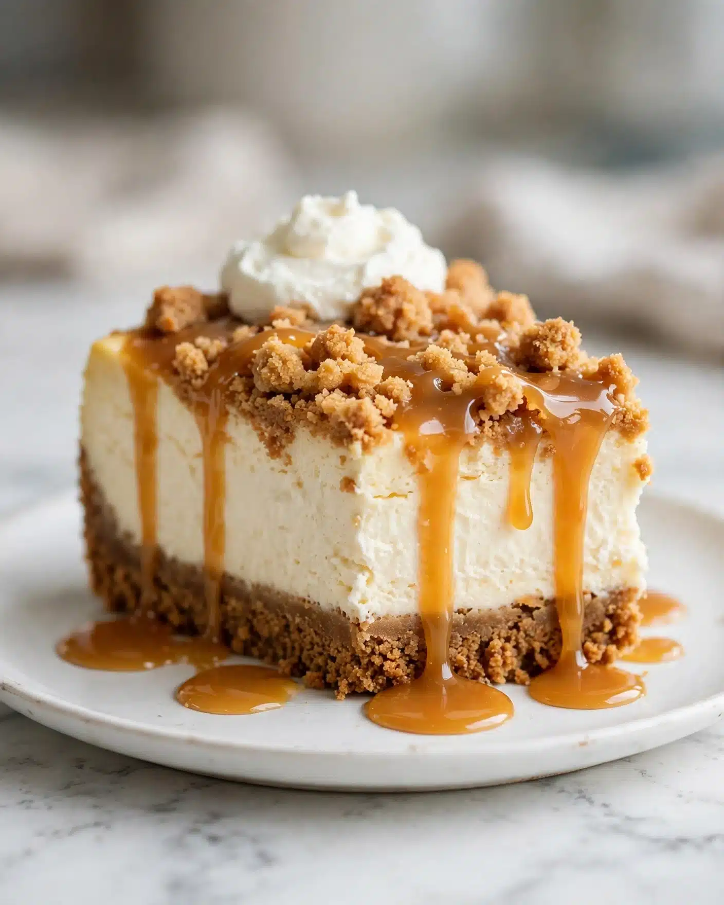 Apple Crisp Cheesecake Recipe 5 A round cheesecake with three visible layers sits on a white marbled surface. The bottom layer is a thin, crumbly dark brown crust. The middle layer is thick and creamy with a light beige color, showing a soft and smooth texture. The top layer is a chunky, golden brown crumble with a rough texture, covering the entire cake top unevenly. Golden caramel sauce is drizzled over the crumble, dripping down the sides and pooling slightly on the silver cake base. A large slice is missing from the cake, revealing the layers clearly. photo taken with an iphone --ar 4:5 --v 7