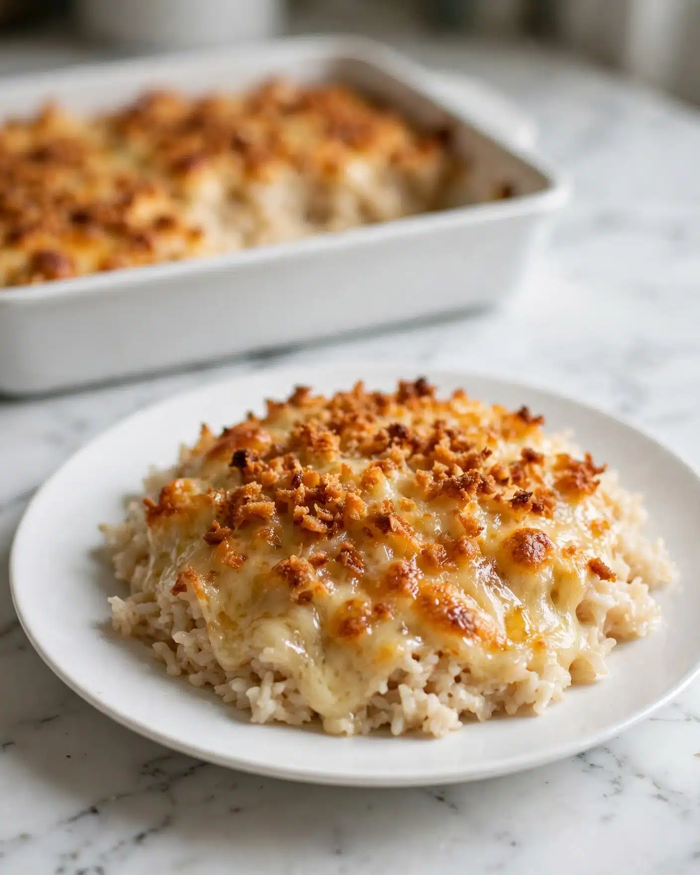 A white plate on a white marbled surface holds a serving of creamy, light beige rice at the bottom. On top of the rice, there is a layer of golden brown melted cheese mixed with crispy, small brown bits, creating a textured top. The dish looks warm and comforting with a glossy cheese layer that covers most of the rice underneath. In the background, a white baking dish contains more of the same meal, slightly out of focus. Photo taken with an iphone --ar 4:5 --v 7