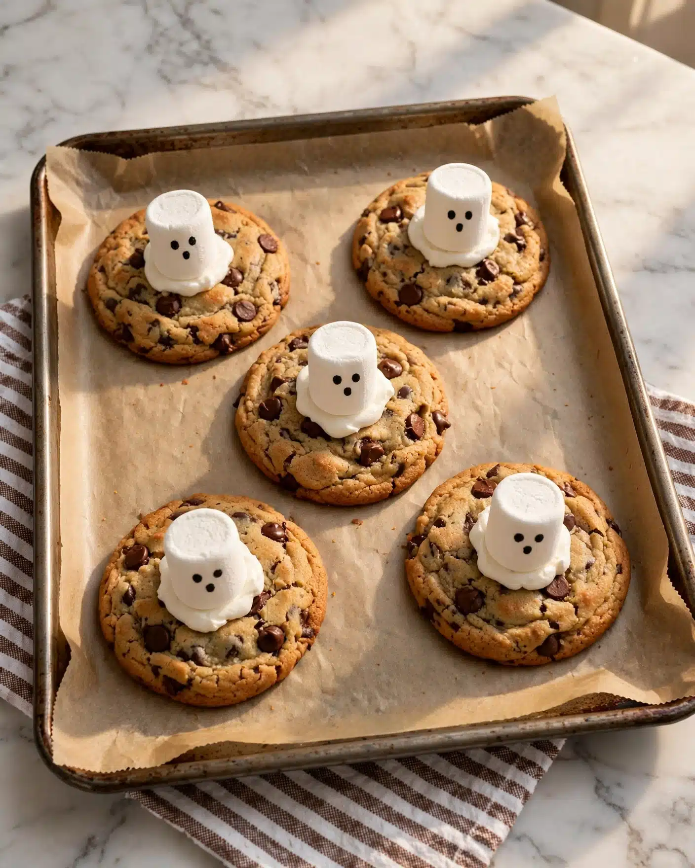 The image shows five round chocolate chip cookies arranged on a baking tray lined with light brown parchment paper, all placed on a white marbled surface with a striped brown and white cloth underneath. Each cookie is topped with an upside-down white marshmallow standing upright in the center, sitting on a small bed of white frosting. The marshmallows have three small black dots drawn on them to resemble ghost faces. The cookies are golden brown with dark chocolate chips spread unevenly across their surfaces, and the scene is lit by warm sunlight, creating soft shadows. Photo taken with an iphone --ar 4:5 --v 7