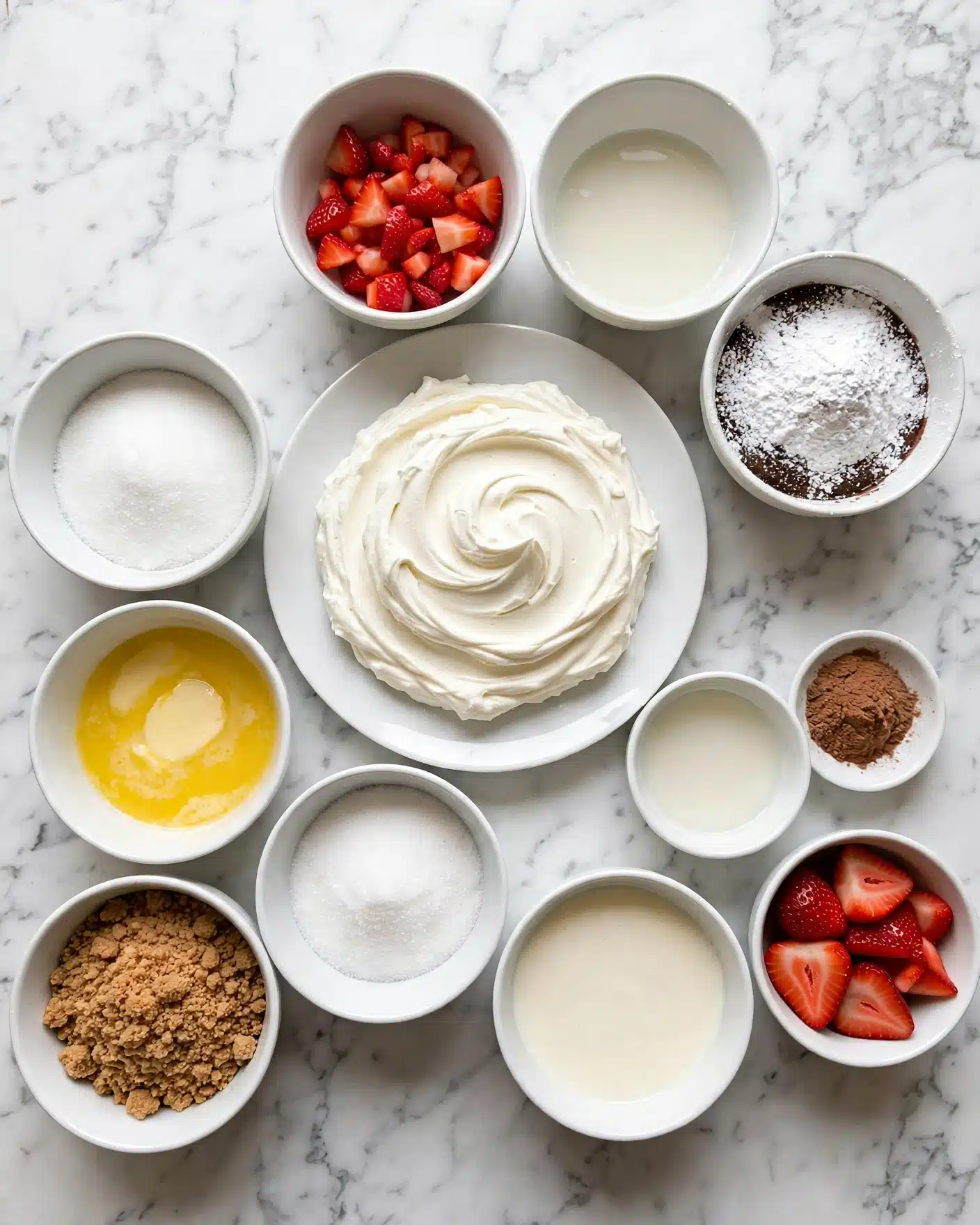 No-Bake Strawberry Cheesecake Recipe 4 A white marbled surface holds ten white bowls and plates arranged neatly. In the center, a white plate with thick, smooth cream spread in swirling layers, its texture soft and fluffy. To the bottom left, a bowl filled with light brown crumbly mixture. Above it, a bowl with melted yellow butter. Next to the butter, a bowl of white granulated sugar. Above the sugar, a bowl of small, red chopped strawberries. To the right of the cream plate, a bowl dark at the bottom with white powdered sugar on top. Above that, a small bowl with light liquid. Next to the small bowl, a tiny white dish with brown powder. Below that, a white bowl filled with cream colored liquid. At the far right, a tiny white bowl with sliced red strawberries. All bowls and plates are placed on the white marbled surface, evenly spaced. Photo taken with an iphone --ar 4:5 --v 7