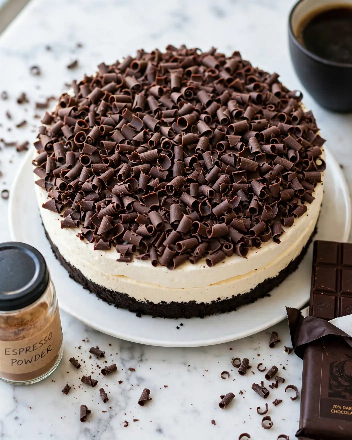 The image shows a pie with three clear layers from top to bottom: a thick layer of dark chocolate curls on top, a creamy white layer under the chocolate curls, and a dark crumbly crust forming the bottom and sides. The pie is placed on a white plate, with a white marbled surface under it. Around the plate, there are some chocolate shavings scattered, a bar of dark chocolate, a jar of espresso powder, and a cup of black coffee partially visible. The photo taken with an iphone --ar 4:5 --v 7