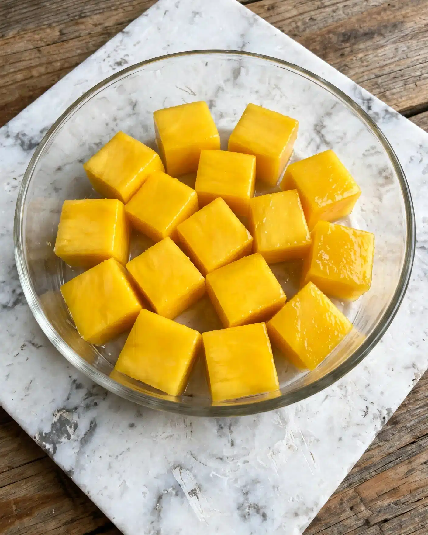 A clear glass bowl filled with one layer of bright yellow, cubed pieces of peeled fruit or vegetable, placed on a white marbled textured surface. The cubes are medium-sized and evenly distributed inside the bowl, showing smooth and slightly shiny surfaces. The bowl is round with a thin rim, and the surface around it has visible wood grain marks. photo taken with an iphone --ar 4:5 --v 7