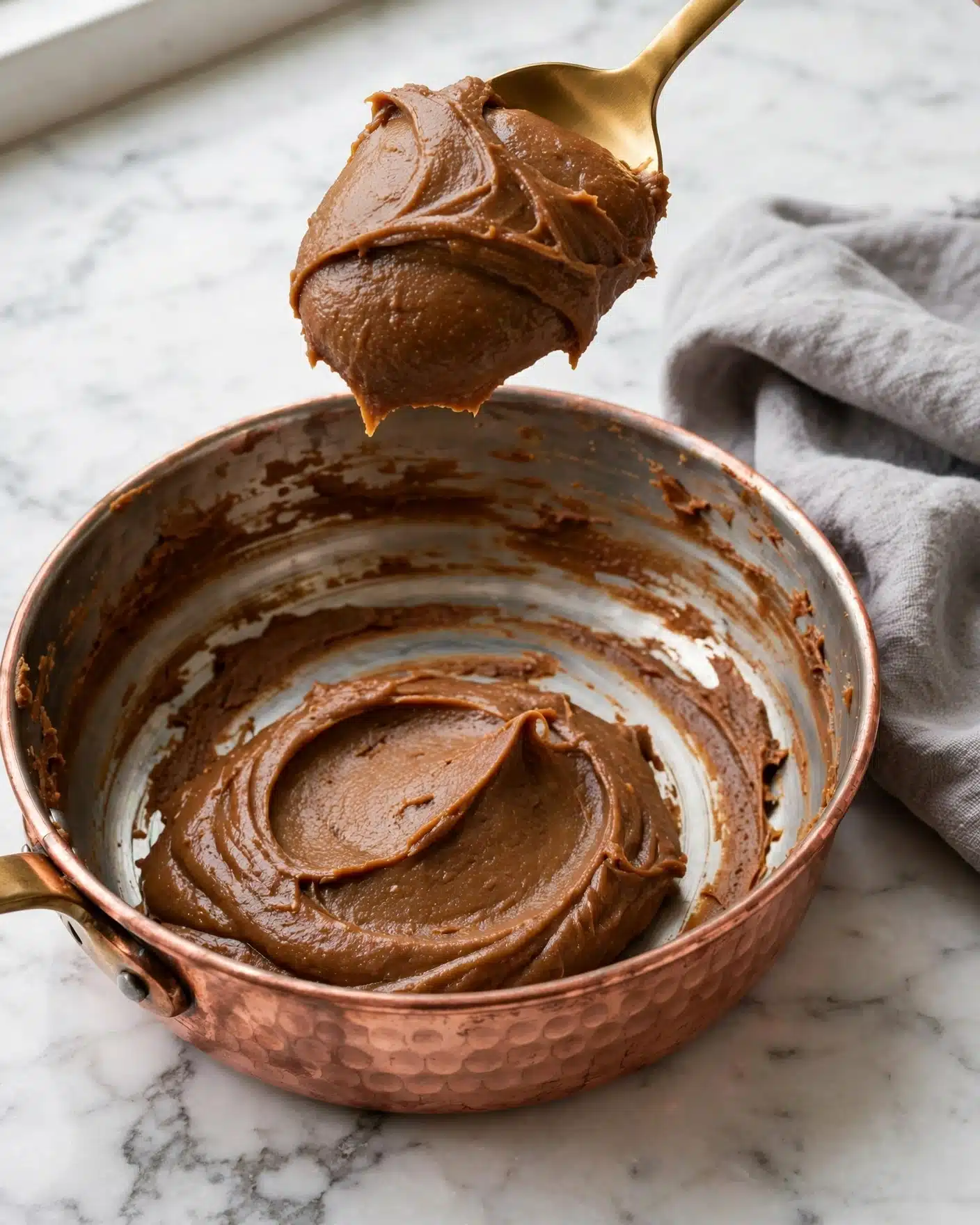 Inside a copper pan, there is a thick, brown paste with a smooth, slightly sticky texture. The paste is held on a golden spoon above the pan, showing its dense and soft form. The inside of the pan has some leftover paste smudges that reflect the same deep brown color and creamy consistency. The pan sits on a white marbled surface with a soft gray cloth nearby. photo taken with an iphone --ar 4:5 --v 7