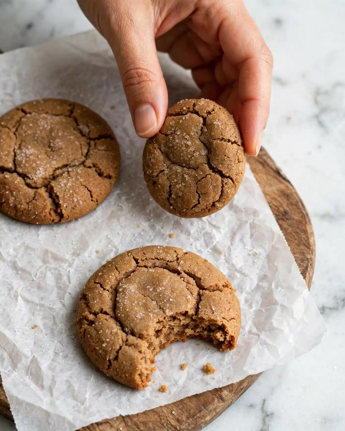 Chewy Pumpkin Spice Molasses Cookies Recipe 4 The image shows three round, brown cookies with cracked surfaces sprinkled lightly with sugar. Two cookies rest on white parchment paper on a wooden board with a white marbled background. One cookie is held by a woman's hand near the center, while another cookie below has a bite taken out of it, showing its soft inside. The cookies have a slightly shiny texture, with dark lines and cracks giving a rustic look. Photo taken with an iphone --ar 4:5 --v 7