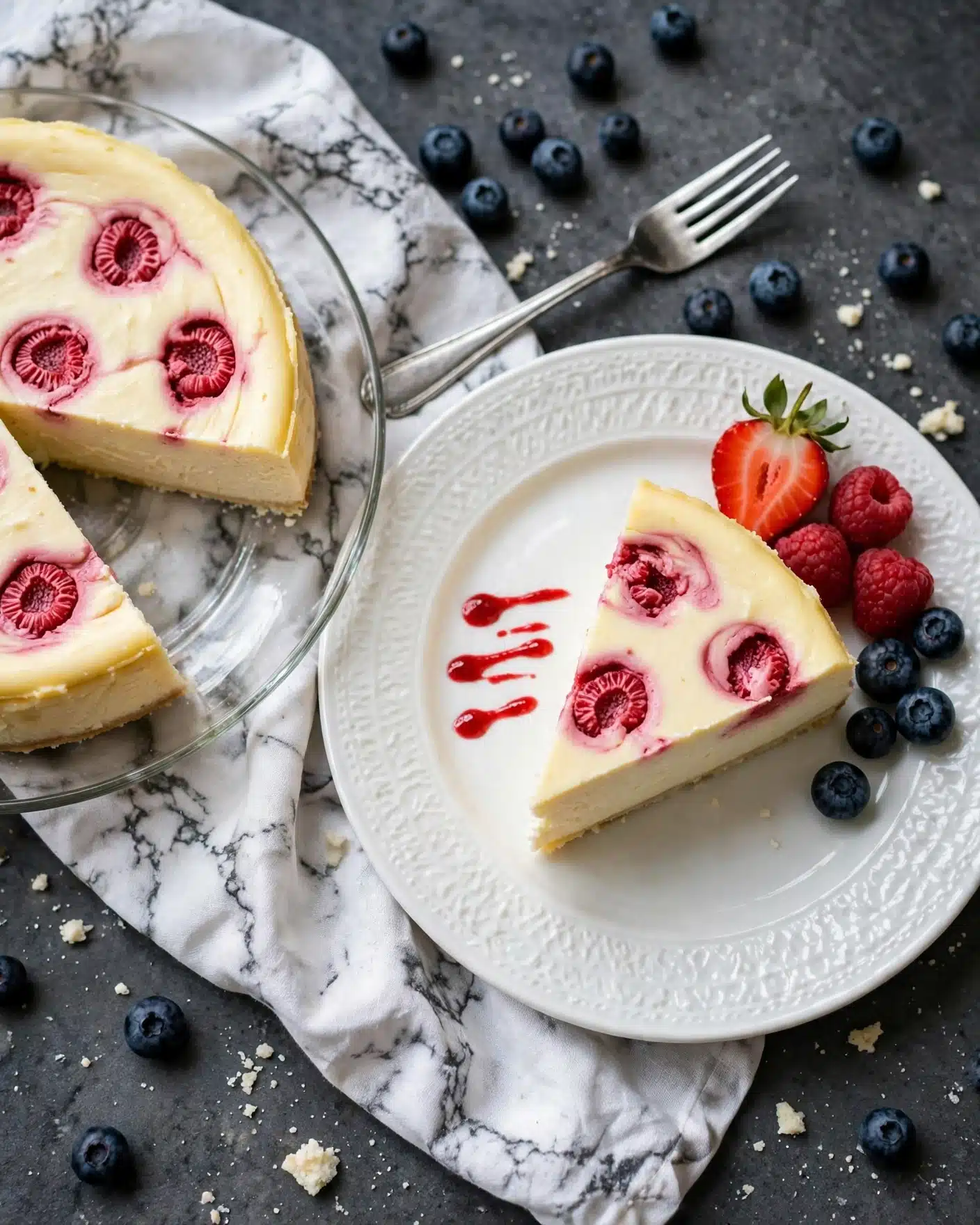 Lightened Up Cheesecake with Strawberry Swirl Recipe 5 A slice of light yellow cheesecake with five pink raspberry patterns inside the top layer is placed on a white plate with a textured rim. The cheesecake slice has soft, smooth texture and sits next to a cluster of fresh fruits including a halved strawberry with green leaves, a few whole raspberries, and blueberries on the right side of the plate. To the left of the slice, there are three small lines of bright red sauce. The rest of the cheesecake, with the same light yellow color and pink raspberry spots, remains on a glass plate to the left of the main plate. The background is a dark gray surface with scattered blueberries and some small white crumbs, with a white marbled cloth underneath both plates. A silver fork lies above the white plate on the gray surface photo taken with an iphone --ar 4:5 --v 7