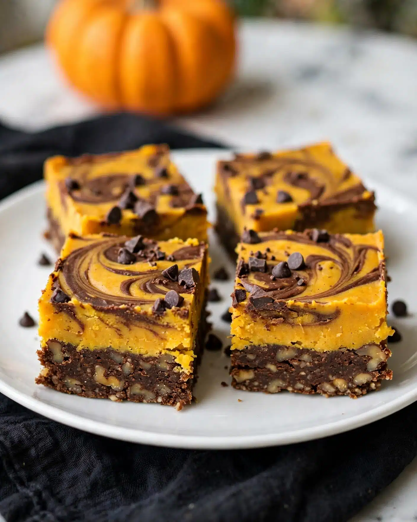 A close-up view of square dessert pieces on a white plate, each piece showing two thick layers: the bottom layer is dark brown with a dense texture and visible nut chunks, and the top layer is a bright yellow-orange with swirls of dark brown running through it, giving a marbled effect. The edges of the pieces reveal the contrast between the dark and bright layers, and small dark chocolate chips or chunks are scattered across the surface. The plate sits on a black textured cloth with an orange pumpkin blurred in the background on a white marbled surface. Photo taken with an iphone --ar 4:5 --v 7