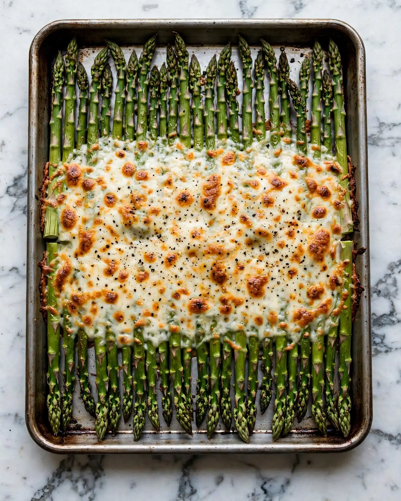 The image shows a baking tray filled with green asparagus stalks placed side by side in one layer. The asparagus spears are topped with a melted white cheese layer that covers the middle section, with some spots where the cheese is lightly browned, adding a textured look. The asparagus tips remain visible at both ends, showing their fresh green color and slightly crisped texture. Small black pepper flakes are scattered over the cheese, adding specks of dark contrast. The tray is set on a white marbled surface. photo taken with an iphone --ar 4:5 --v 7