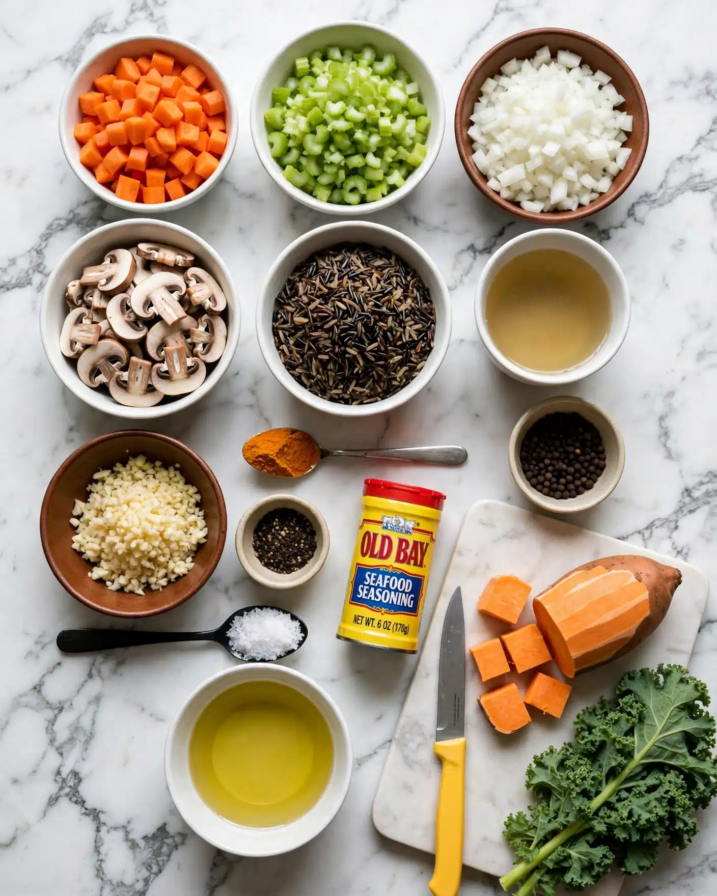 The image shows many cooking ingredients arranged on a white marbled surface. There are eleven bowls and containers: diced orange carrots in a white bowl; chopped green celery in a white bowl; chopped white onions in a brown bowl; sliced light brown mushrooms in a white bowl; dark wild rice in a white bowl; a clear liquid broth in a white cup; minced garlic in a brown bowl; a small spoon with bright orange seasoning powder; black peppercorns in a small beige bowl; coarse salt in a black spoon; and light yellow cooking oil in a white bowl. A yellow and red Old Bay seasoning container lies near the center. A peeled sweet potato with orange cubes and a small knife with a yellow handle are on a white marbled board next to a bundle of green curly kale leaves. photo taken with an iphone --ar 4:5 --v 7