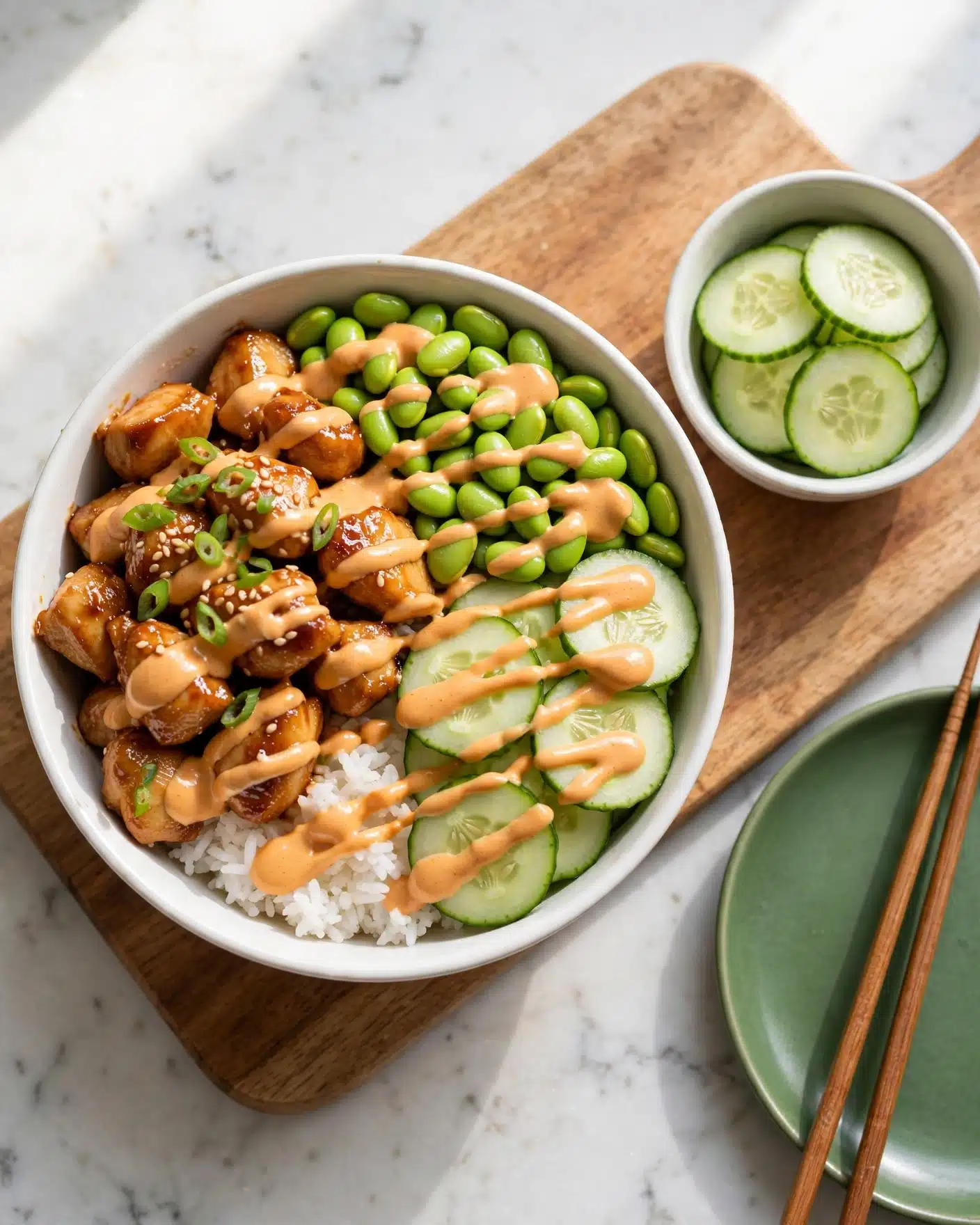 Teriyaki Salmon Bowls with Jasmine Rice, Spicy Sesame Cucumbers, and Avocado Recipe