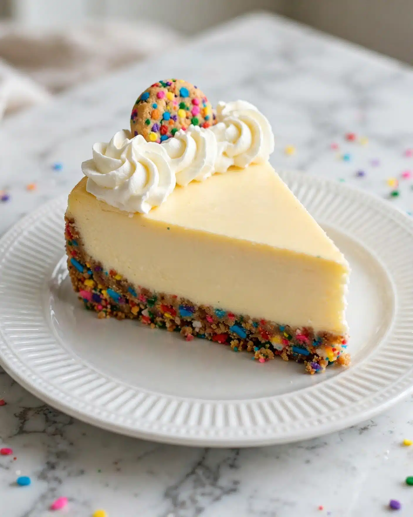 A slice of cheesecake sits on a white plate with ridged edges. The cheesecake has two visible layers: a smooth, creamy pale yellow layer on top and a colorful cookie crumb crust at the bottom, spotted with tiny bright sprinkles. A thick swirl of white whipped cream decorates the top edge of the cheesecake, holding a small cookie piece sprinkled with multicolored dots. The plate rests on a white marbled surface scattered with a few small, colorful sprinkles. Photo taken with an iphone --ar 4:5 --v 7
