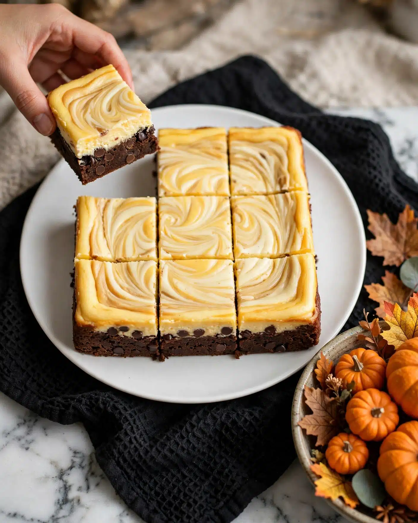A white round plate holds a square cheesecake brownie divided into nine pieces, showing two layers: a thick dark brown brownie layer with small chocolate chips and a marbled yellow cheesecake layer swirled on top in a creamy pattern. A woman's hand is lifting one piece from the top left corner. The plate rests on a black textured cloth with a white marbled surface beneath it. Nearby is a bowl with small orange pumpkins and autumn leaves. photo taken with an iphone --ar 4:5 --v 7