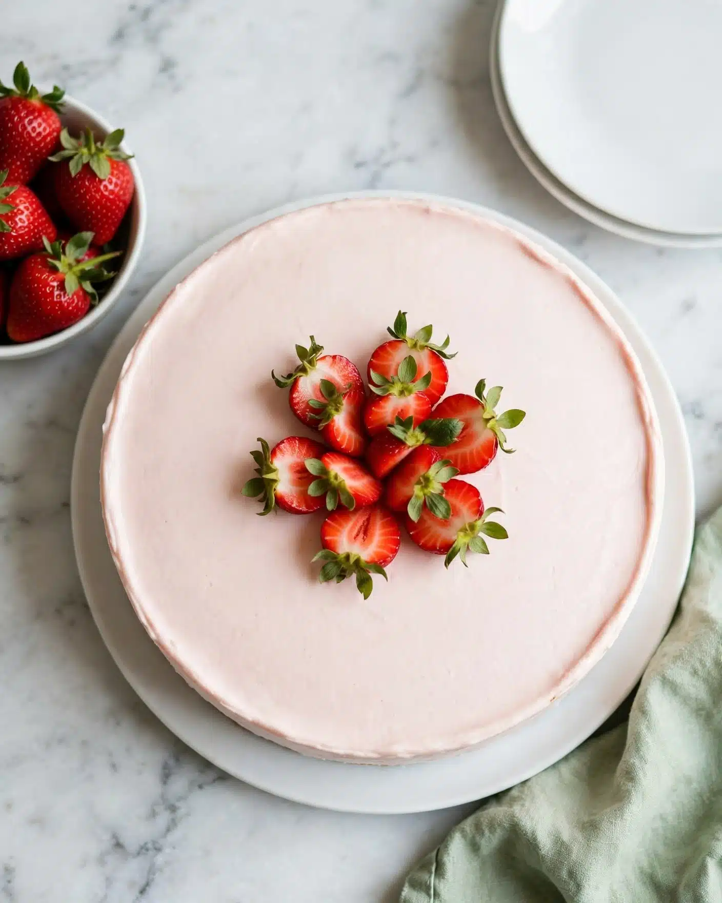 No-Bake Strawberry Cheesecake Recipe 5 A round cake sits on a white plate, with a smooth pale pink cream layer covering the entire top surface. In the center, there is a small pile of bright red sliced strawberries with green leaves showing, arranged in a loose flower shape. The cake appears to have one visible layer of light pink cream, no other layers or textures seen. The plate is placed on a white marbled surface, with a small white bowl of fresh whole strawberries on the left and two stacked white plates on the upper right. A light green cloth is partially visible on the lower right. Photo taken with an iphone --ar 4:5 --v 7