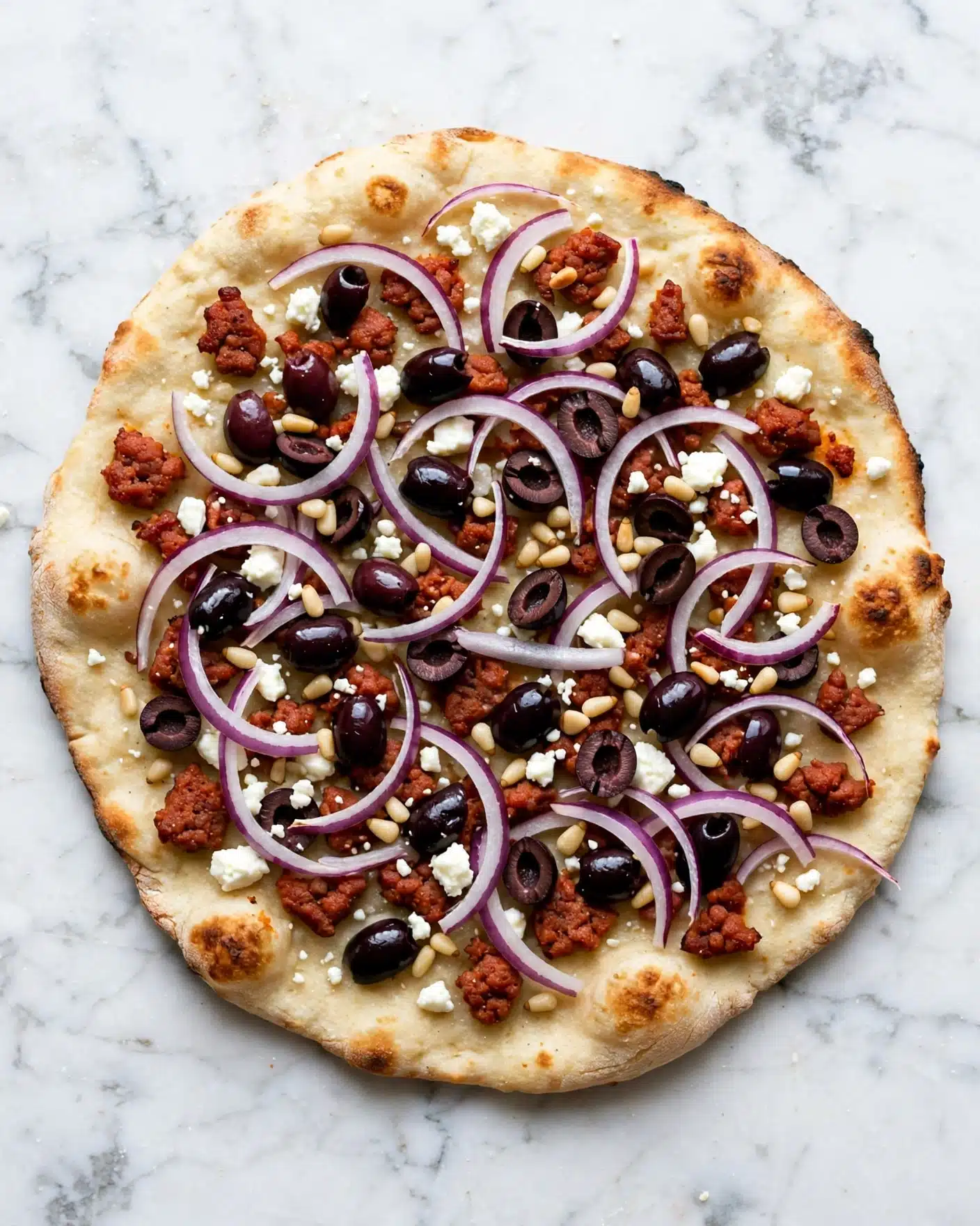 A slice of pizza is held by a woman's hand over a white marbled surface. The pizza has four visible layers starting with a light golden, soft, and thin crust base. The second layer is a melted yellow cheese that covers the entire slice. The third layer contains various toppings including dark purple Kalamata olives, small crumbled white cheese, vibrant green fresh spinach leaves, reddish-brown crispy sun-dried tomatoes, and thin slices of purple-red onion scattered evenly. The textures of the toppings contrast with the smooth cheese and crust, showing a mix of shiny, crumbly, and leafy elements. Photo taken with an iphone --ar 4:5 --v 7