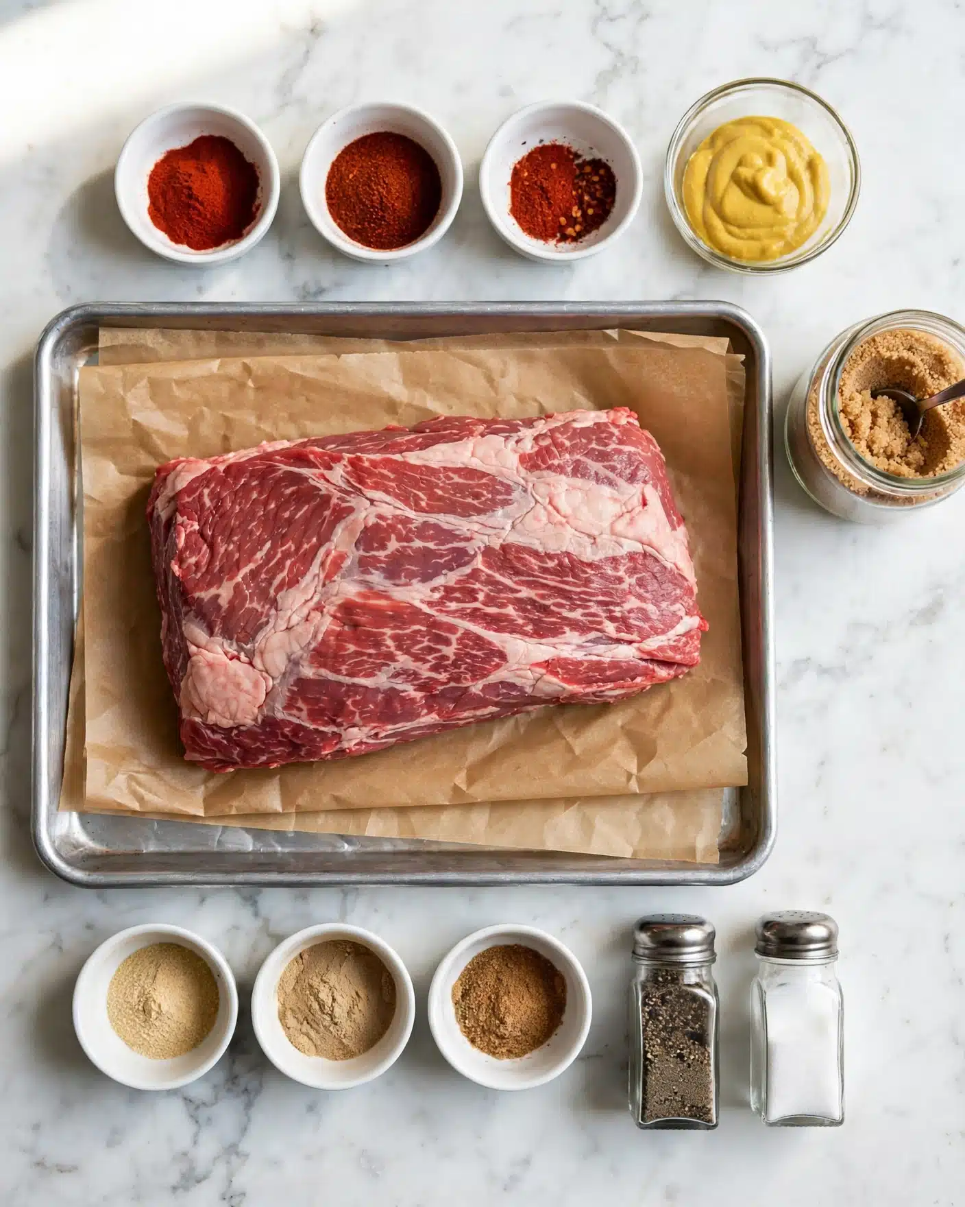 A large piece of raw meat with a reddish-pink color and some white fat is placed on two layers of brown parchment paper inside a silver metal tray. Above the tray, there are three small white bowls filled with different red spices and a clear glass bowl with yellow mustard. To the right of the tray, there is a glass jar with light brown sugar and a metal spoon inside. Below the tray, there are three small white bowls with various light brown powders and two clear glass shakers with black and white contents. All items are arranged on a white marbled surface. photo taken with an iphone --ar 4:5 --v 7