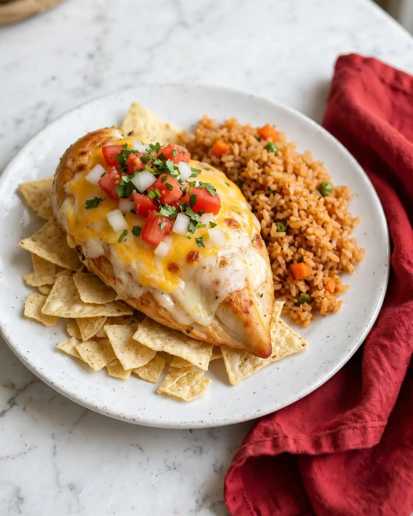 Fiesta Lime Chicken Recipe (Applebee's Copycat) Recipe 2 A grey plate holds a meal with three parts: on the left side, there is orange-colored rice mixed with green peas and small orange carrot pieces, the rice looks soft and fluffy; on the right side, there is a golden-brown cooked fish fillet covered with a layer of melted yellow and white cheese, topped with a fresh mix of diced red tomatoes, white onions, and green herbs; beneath the fish, there is a bed of broken light beige tortilla chips. The plate sits on a red cloth napkin over a dark surface with scattered green herbs and whole red tomatoes nearby. In the upper left corner, there is a small wooden bowl filled with the same tomato, onion, and herb mix, with a wooden spoon resting next to it. Photo taken with an iphone --ar 4:5 --v 7