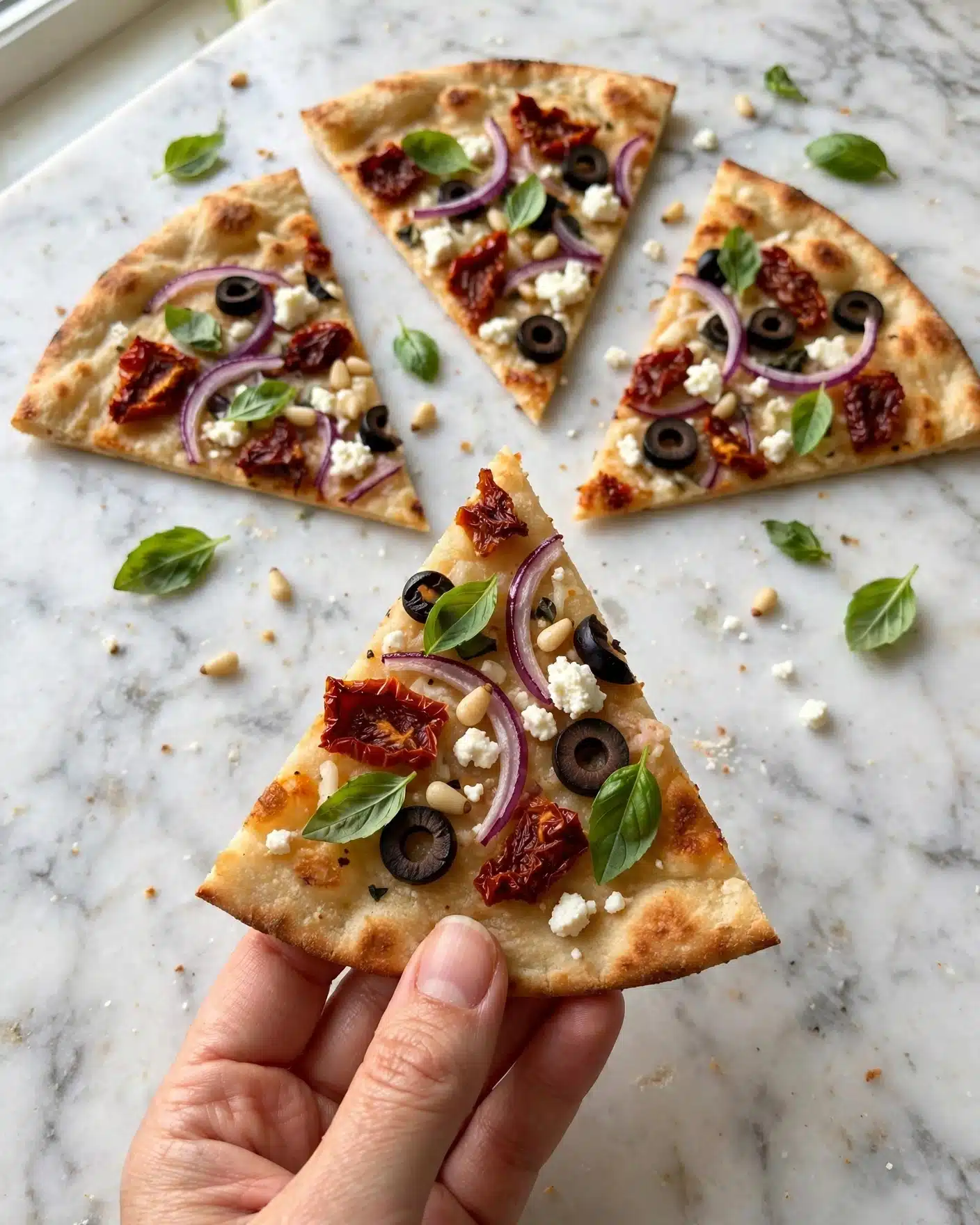 The image shows a flatbread pizza with four main layers. The base is a light golden-baked flatbread with a soft texture and slightly browned edges. On top is a layer of scattered reddish-brown chunks, likely a tomato or meat topping. Over this are unevenly spread dark purple-black sliced olives, some halved, adding a smooth and shiny texture. The next layer consists of thin, curved slices of bright purple-red onion, adding a fresh and crisp look. Small white crumbles, probably cheese, are sprinkled over all the toppings along with tan pine nuts scattered for extra texture. The flatbread lies on a white marbled surface. photo taken with an iphone --ar 4:5 --v 7