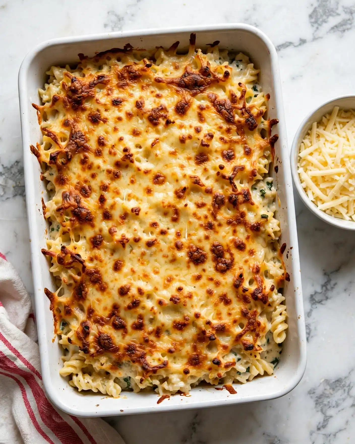 A white rectangular baking dish filled with a layered casserole featuring a top layer of melted golden-yellow and light brown cheese with crispy, dark browned spots spread unevenly across the surface creating a textured look. Beneath the cheese layer, slightly textured pasta or rice is visible, coated and baked in a creamy sauce. The dish rests on a white marbled surface, with a small white bowl holding shredded cheese on the right side and a cloth with red stripes partially visible on the bottom left corner. Photo taken with an iphone --ar 4:5 --v 7