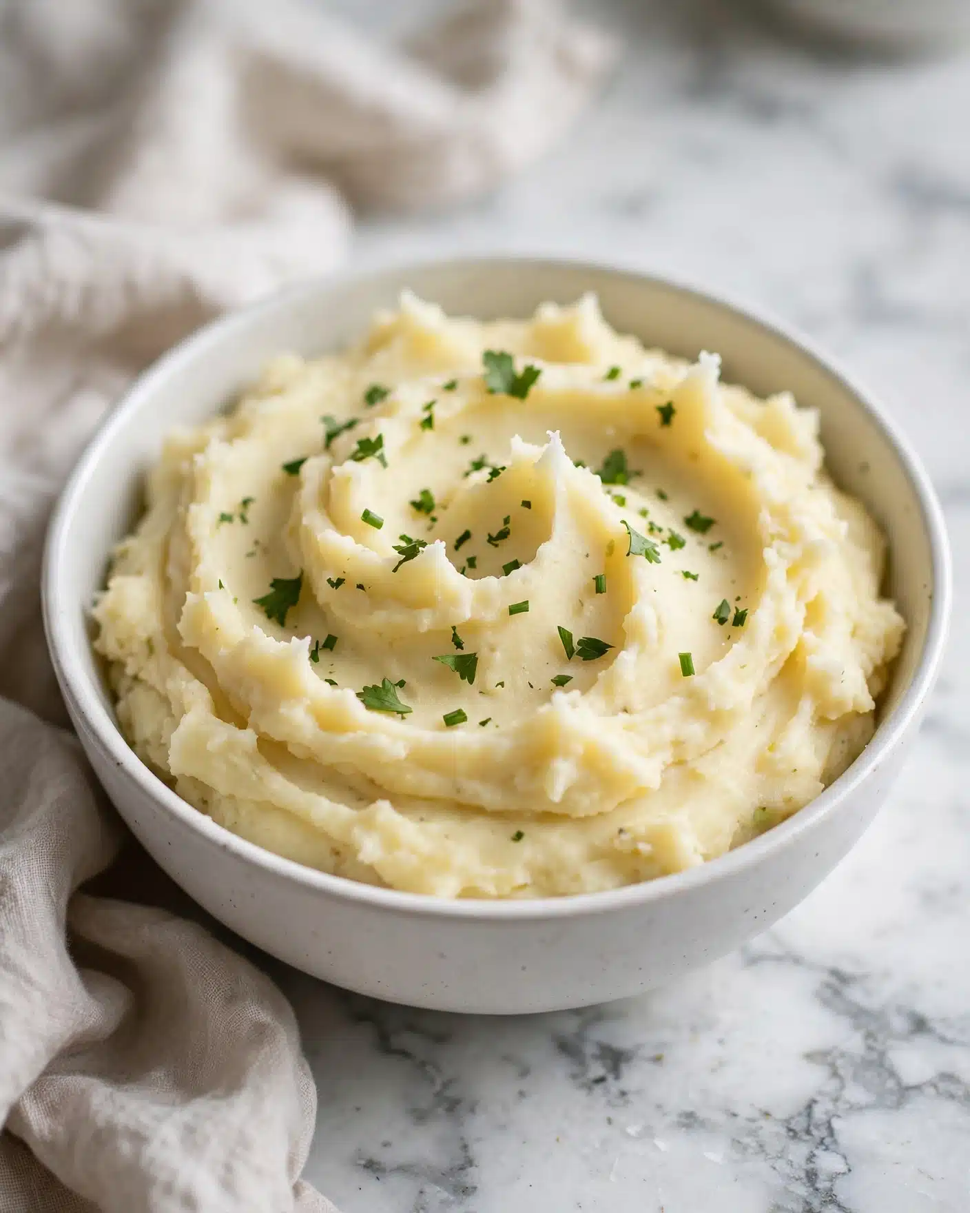 A bowl filled with creamy mashed potatoes showing soft peaks and swirled texture, light yellow in color with small green herb leaves sprinkled on top, all inside a white bowl placed on a white marbled surface with a soft cloth nearby. photo taken with an iphone --ar 4:5 --v 7