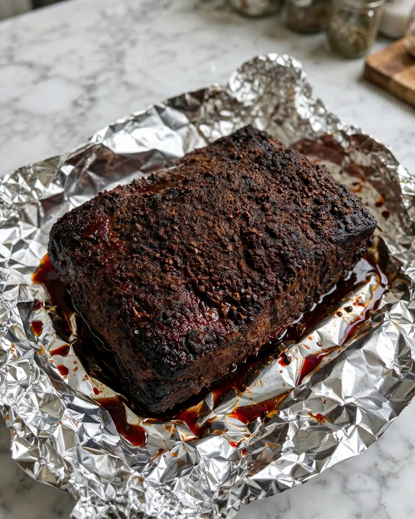 A large, rectangular piece of dark brown meat with a coarse, textured crust rests on crumpled shiny silver foil. The meat surface shows a mix of deep brown and almost black spots, with a slightly oily dark red liquid pooled around its edges on the foil. The background includes a white marbled surface, with glimpses of glass jars and a wooden cutting board partially visible at the top right corner. photo taken with an iphone --ar 4:5 --v 7