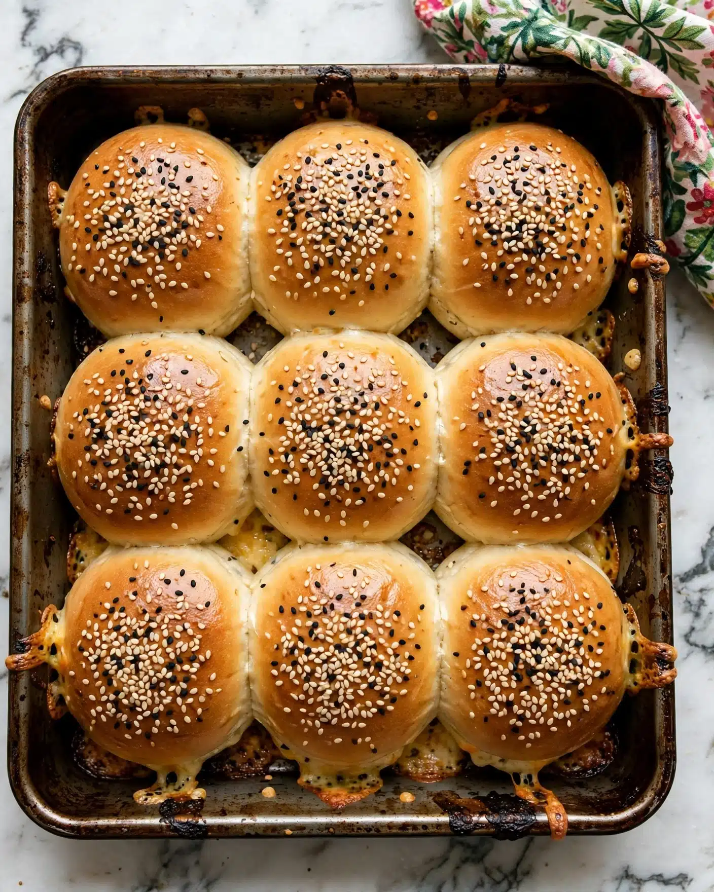 French Onion Sloppy Joe Sliders Recipe 4 A close-up top view shows a baking pan filled with nine soft, golden-brown sandwich buns arranged in a 3x3 grid. Each bun is topped with a heavy sprinkle of white and black sesame seeds. The buns have a slightly shiny, smooth texture with some melted cheese peeking out from underneath the bottom buns. The pan has browned spots and bits of melted cheese stuck around the edges. On the top right corner of the pan, a colorful floral cloth with green, pink, and red hues is partially visible resting on a white marbled surface. Photo taken with an iphone --ar 4:5 --v 7