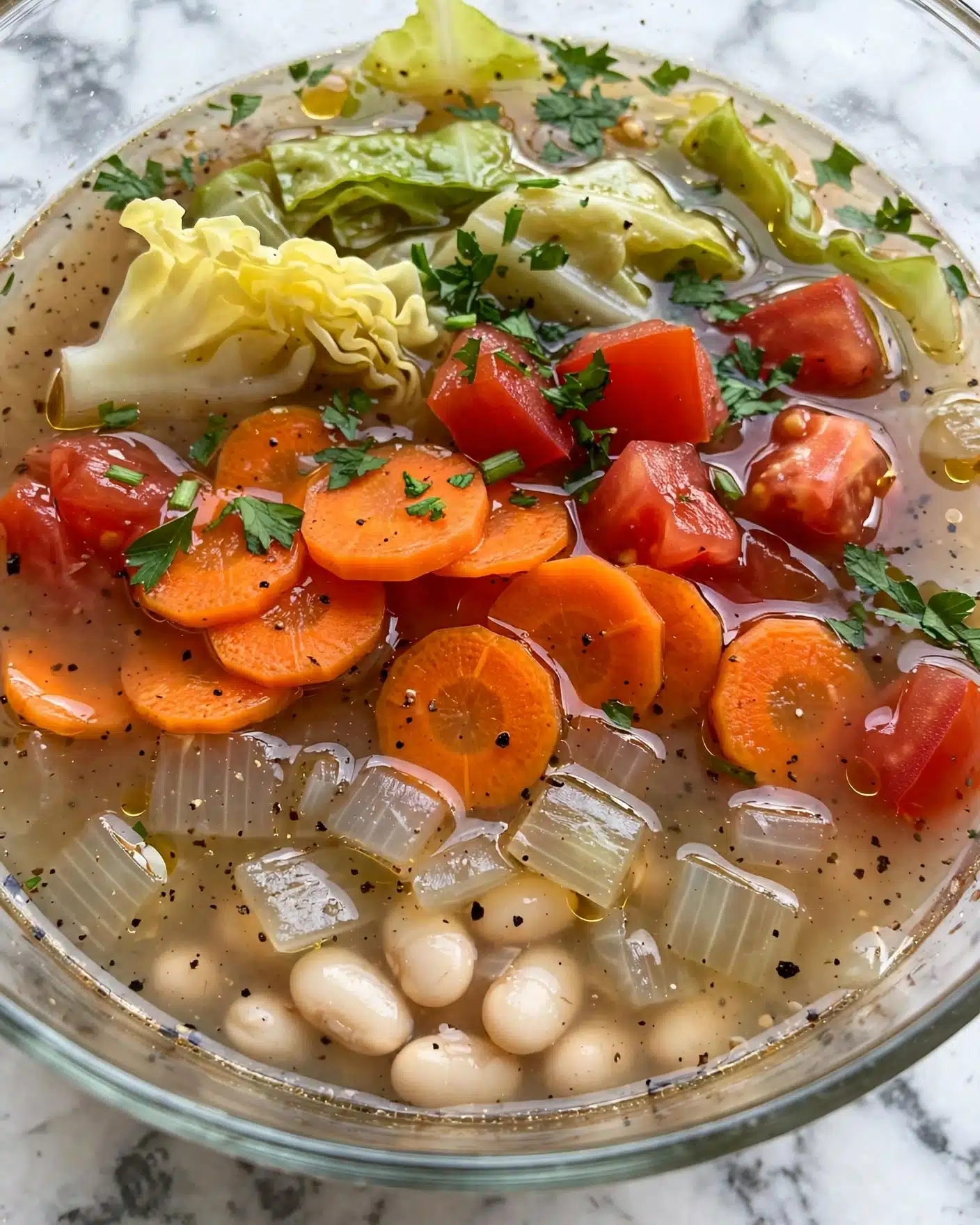 This close-up image shows a bowl of vegetable soup with many colorful layers. The soup has bright green leafy vegetables on top, some translucent light green cabbage, and bits of orange carrots. There are also white beans scattered in the soup along with small red flakes that look like spices. The broth is clear and shiny, making the vegetables look fresh and soft. All this is served in a white bowl placed on a white marbled surface. Photo taken with an iphone --ar 4:5 --v 7