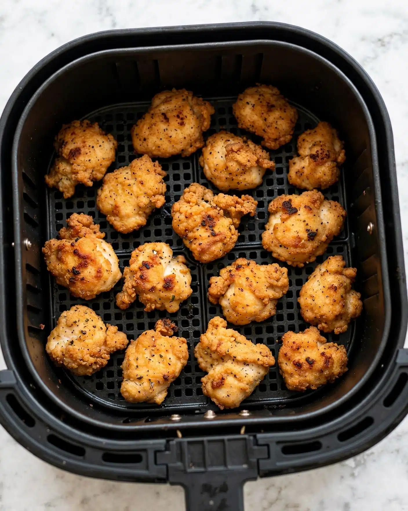 The image shows about fifteen pieces of golden-brown chicken with a slightly crispy texture, spread out inside a black air fryer basket with a grid pattern at the base. The chicken pieces are irregular in shape and size, with some having darker seared spots. The overall scene has a warm, cooked look with some small black pepper or seasoning spots visible on the chicken. The air fryer basket is set against a white marbled surface. photo taken with an iphone --ar 4:5 --v 7
