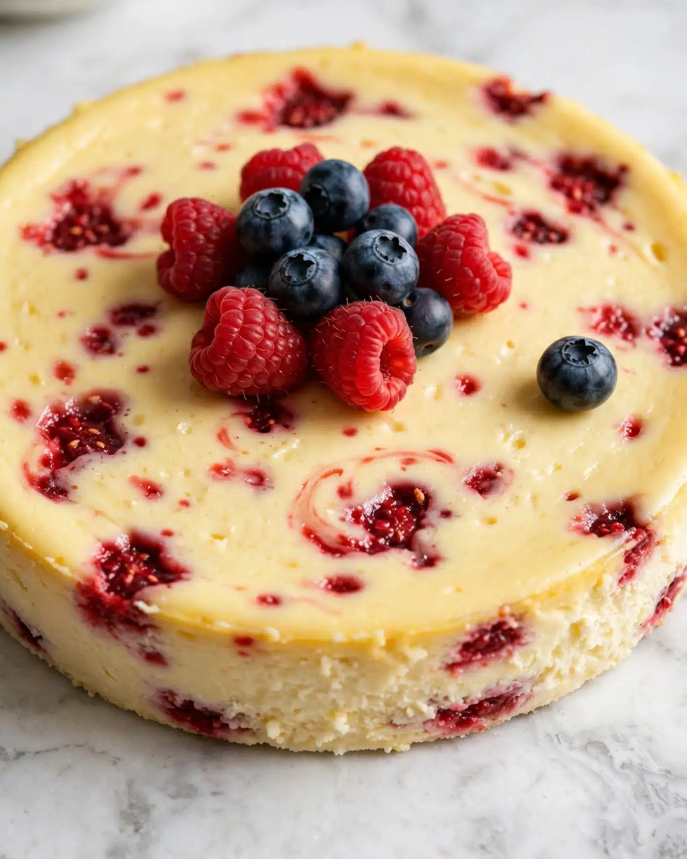 Lightened Up Cheesecake with Strawberry Swirl Recipe 4 A single-layer yellow cheesecake with a smooth texture, featuring embedded pieces of red berry filling that create uneven red spots scattered across the surface. On top of the cheesecake, there is a small pile of fresh red raspberries and dark blue blueberries clustered in the center. One single blueberry rests slightly apart on the right side of the cheesecake. The cheesecake rests on a white marbled surface, and the image is taken close-up, focusing on the fruit and the soft texture of the cheesecake. Photo taken with an iphone --ar 4:5 --v 7