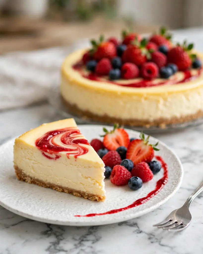 Lightened Up Cheesecake with Strawberry Swirl Recipe