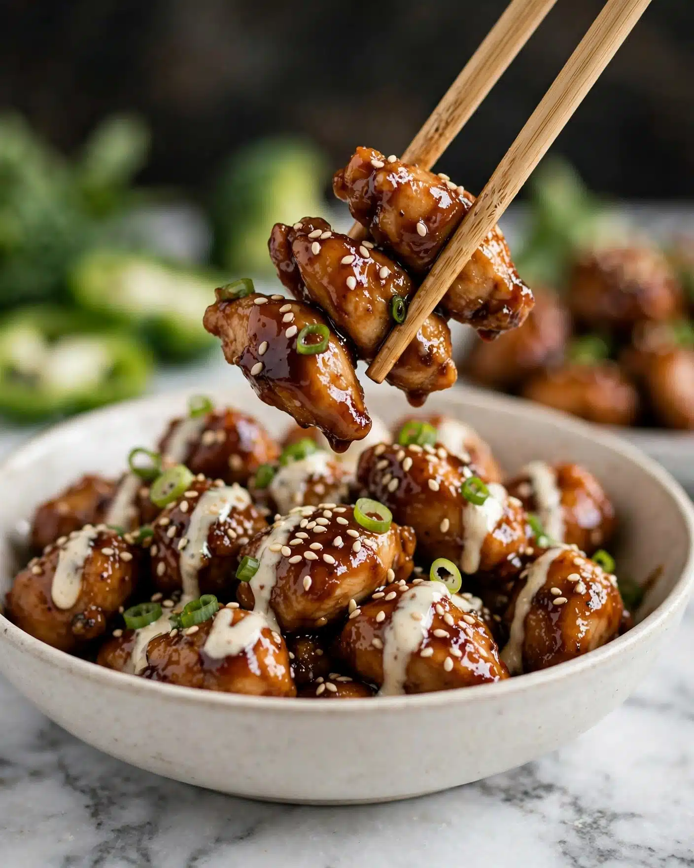 A close-up of small, bite-sized pieces of glazed chicken coated in a shiny dark brown sauce, garnished with white sesame seeds and sliced green onions, held by a pair of light wooden chopsticks above a bowl. The bowl contains more chicken pieces, some drizzled with a light creamy sauce, and is placed on a white marbled surface. The background is blurred, showing hints of green vegetables and more glazed chicken in the bowl photo taken with an iphone --ar 4:5 --v 7