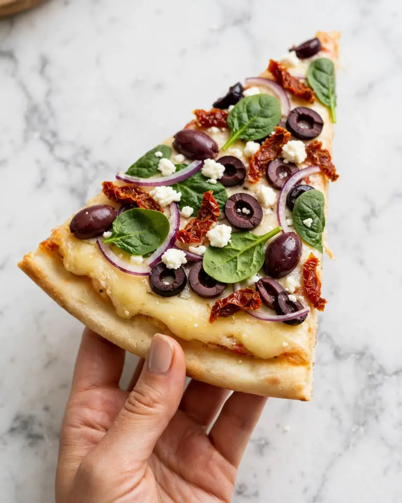 Mediterranean Vegan Flatbread Pizza with Sun-Dried Tomatoes, Olives, and Feta Recipe
